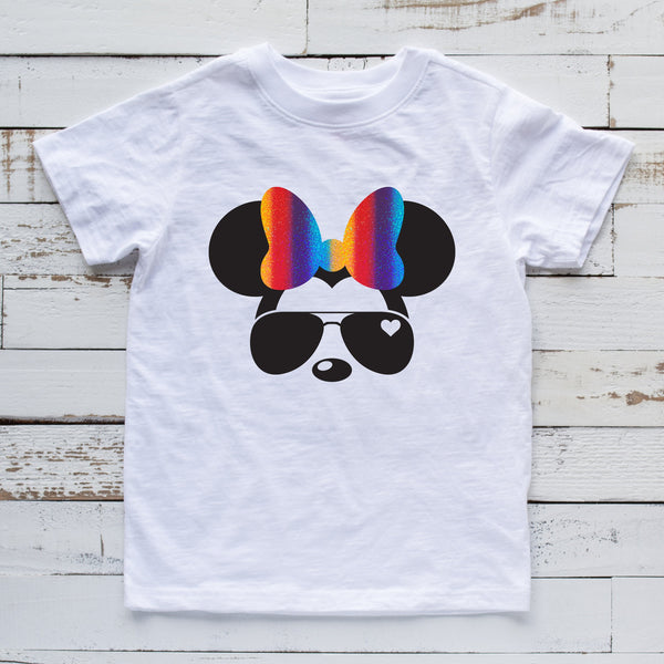 Minnie Mouse Aviator Sunglasses T-Shirt with Rainbow Glitter