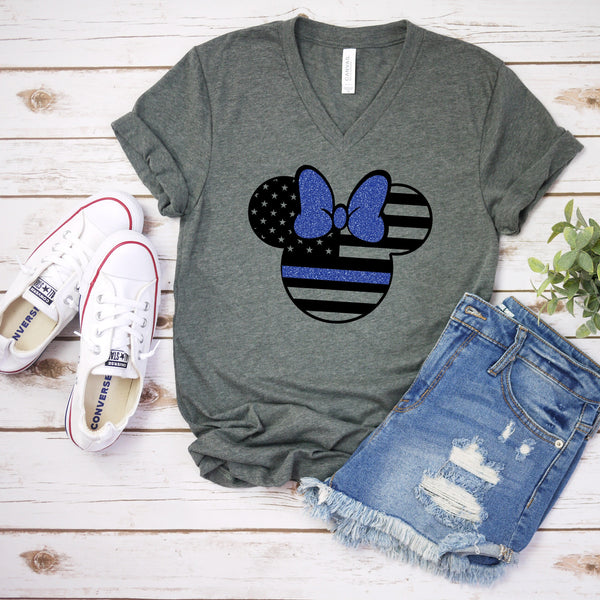 Police Minnie Mouse T Shirt with Blue Glitter Design