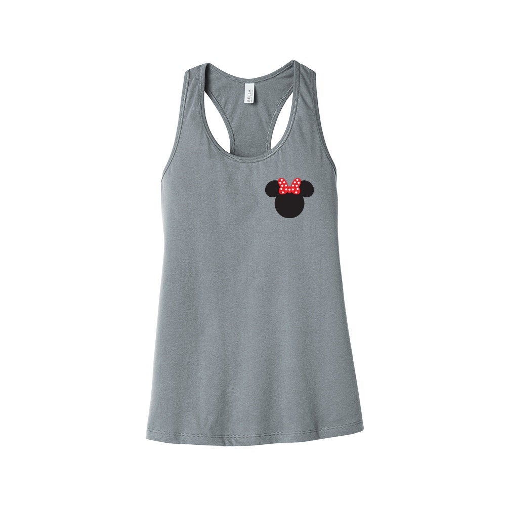 Pocket Size Minnie Mouse Ladies Racer Back Tank Top- Polka Dot Bow