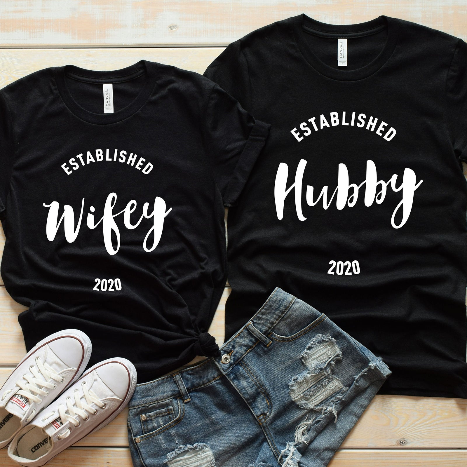 Wifey and Hubby Matching Shirts - Bride and Groom Matching Shirts - Honeymoon T Shirts - Couple Established Date - Custom T shirts