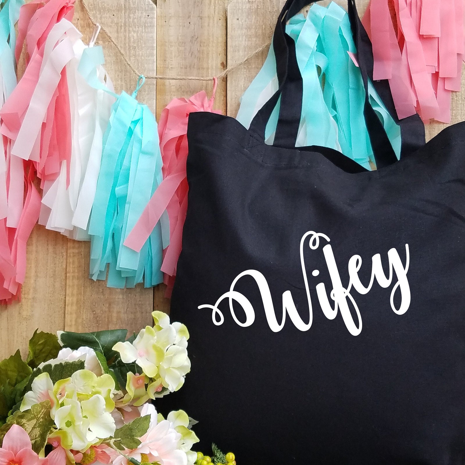 Custom Name Monogram Wifey Tote Bag - Personalized Bridal Shower Gift - Honeymoon Tote Bag - Bride Gift Bag