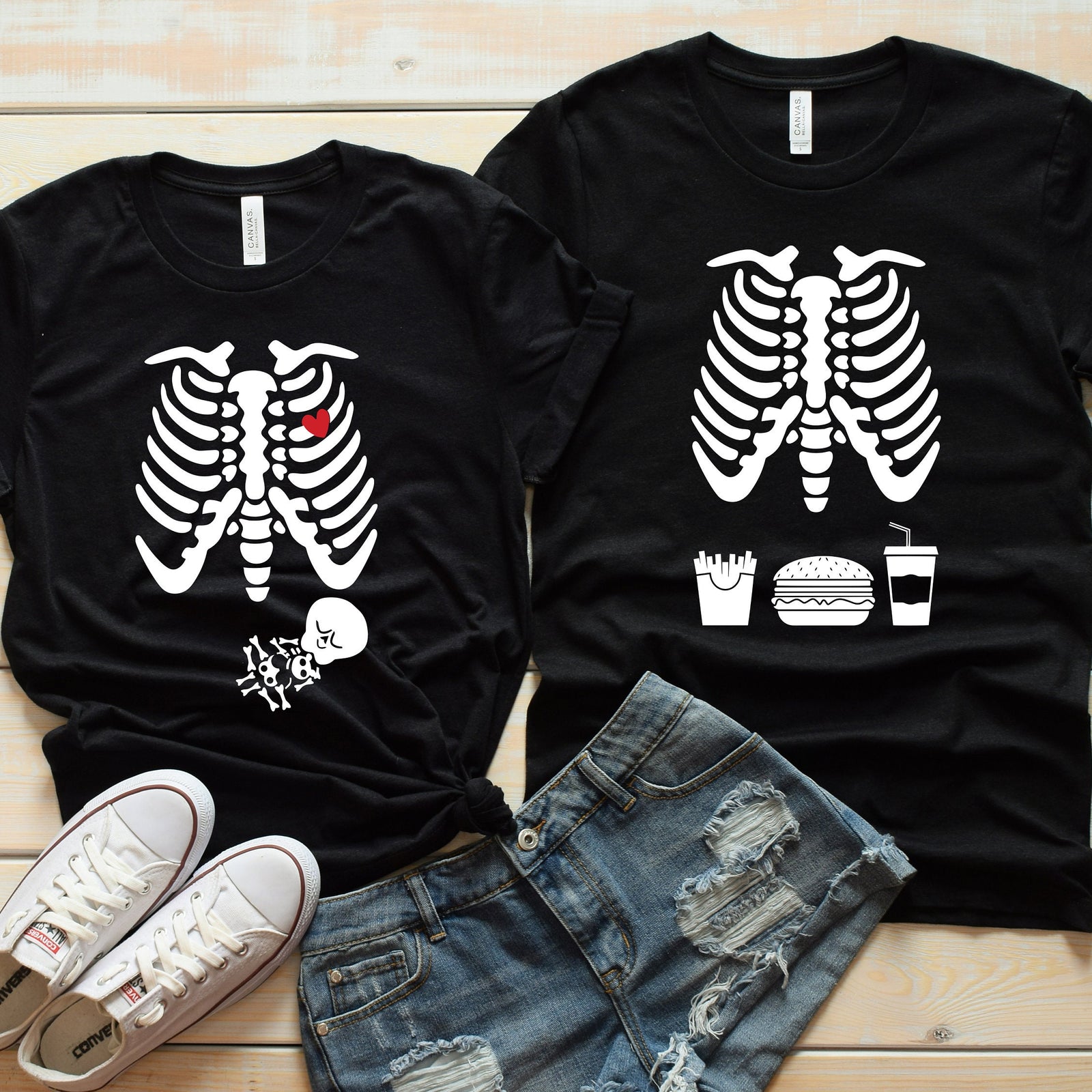 Mommy Skeleton with Baby -Daddy Skeleton with Burger and Fries - Matching Shirts - Cute Pregnancy Announcement - Parents to Be Matching