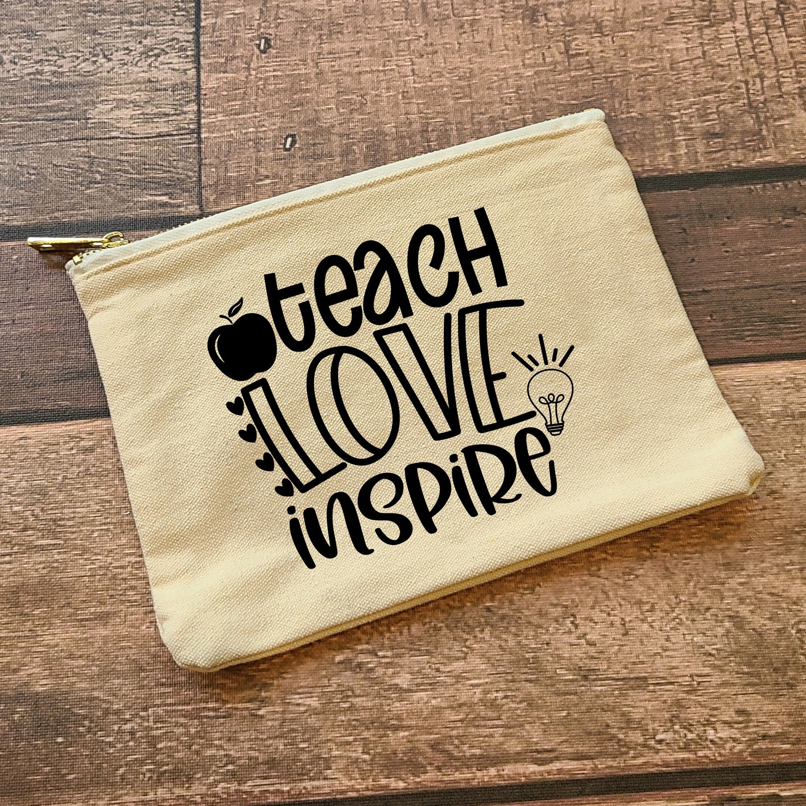Teach Love Inspire Canvas Cosmetic Bag - Christmas Stocking Stuffer - Small Zipper Pouch - Cute Teacher Appreciation Gift