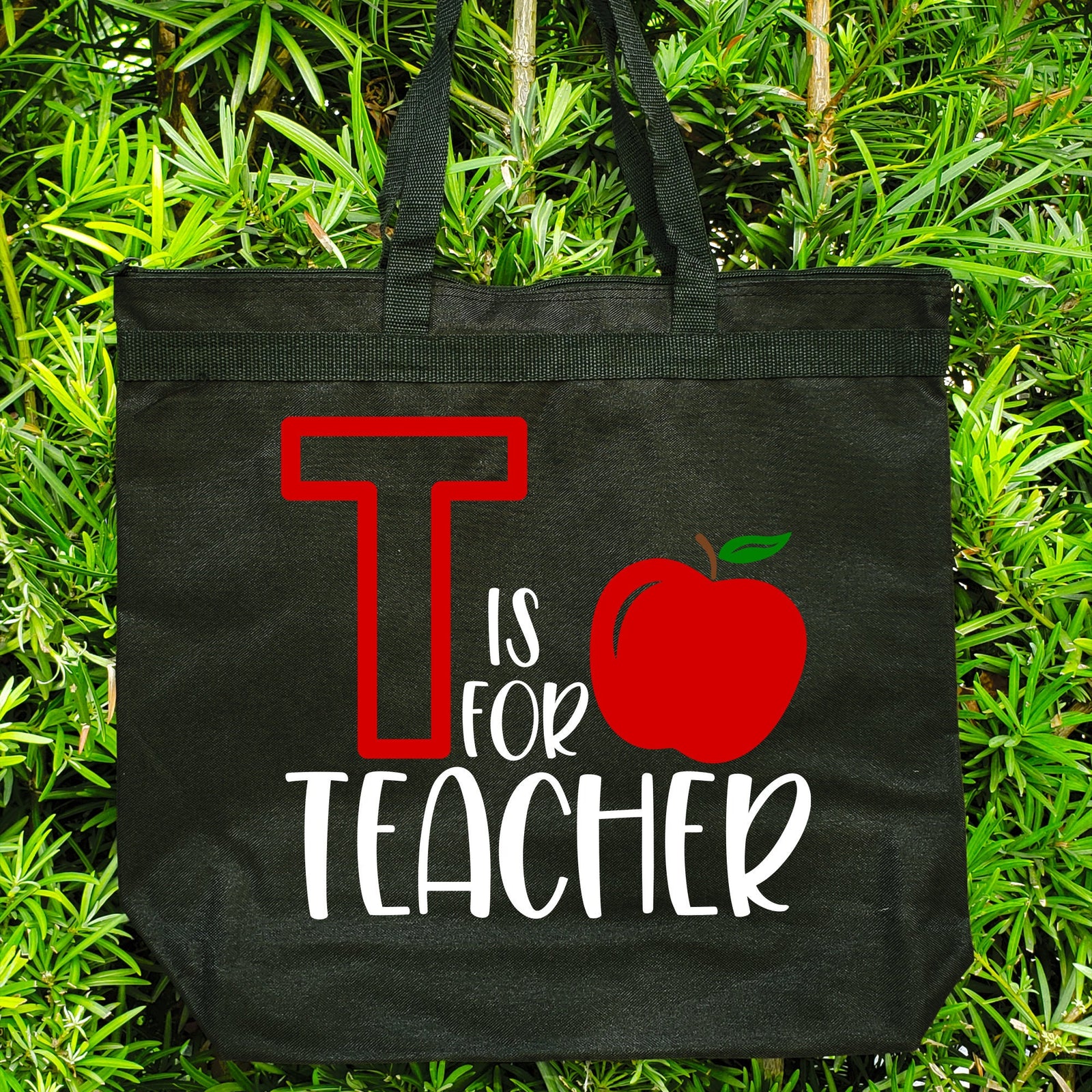 T is for Teacher Large Tote Bag - Canvas Zipper Bag - Christmas Teacher Appreciation Customizable Gift