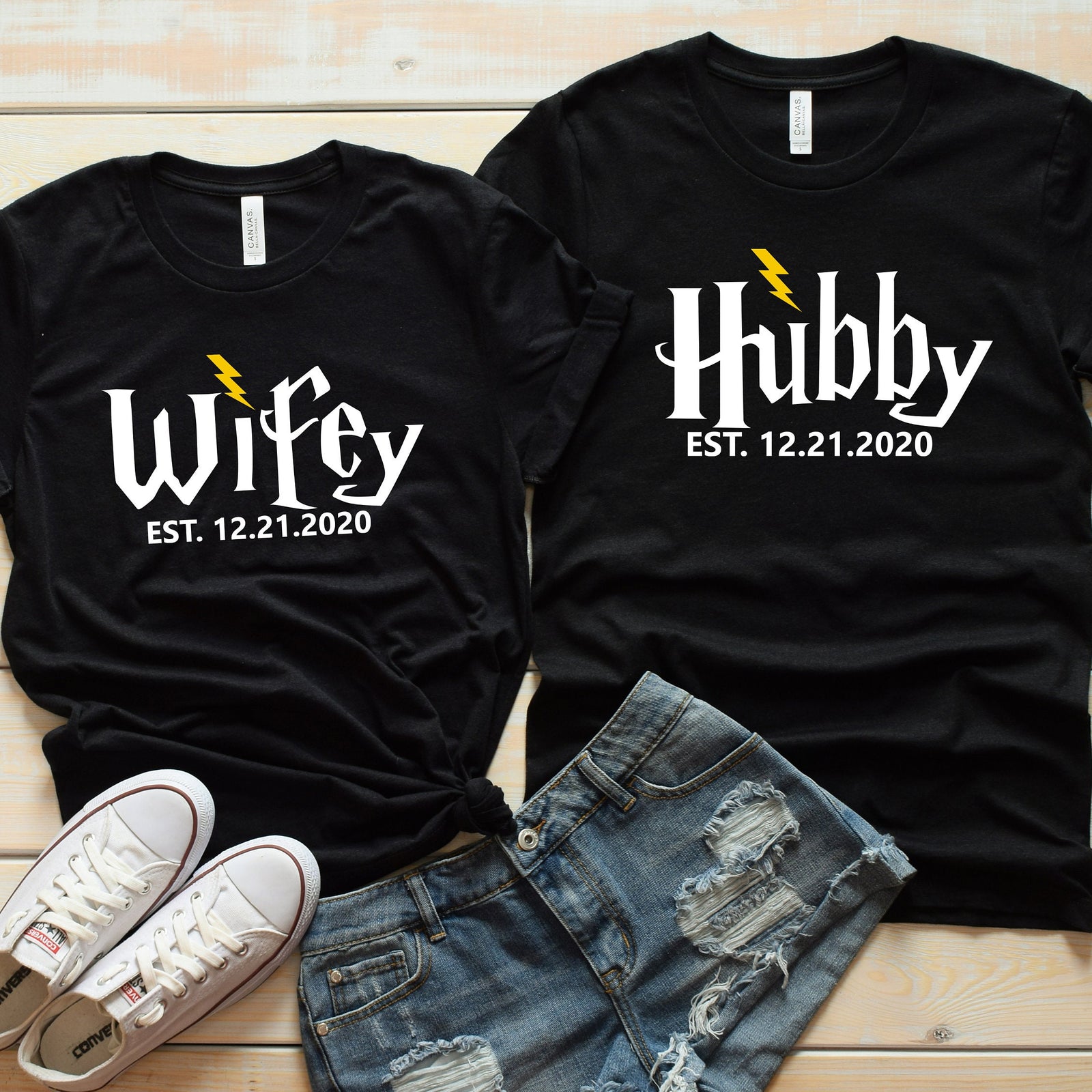 Custom Wifey and Hubby Matching Shirts - Bride and Groom Matching Shirts - Honeymoon T Shirts