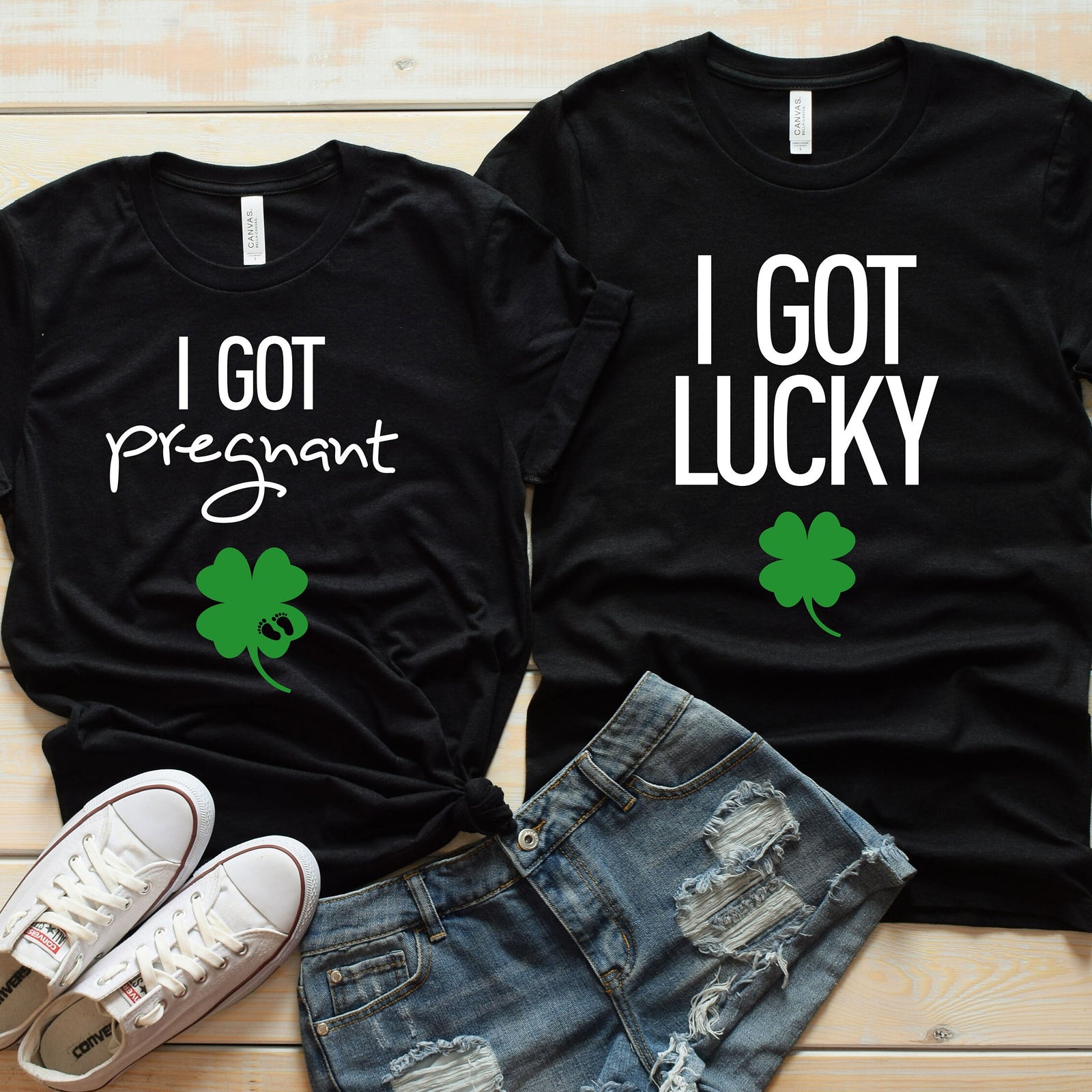 I Got Pregnant and I got Lucky Matching Shirts - Cute Pregnancy Announcement - St. Patrick's Day - Clover