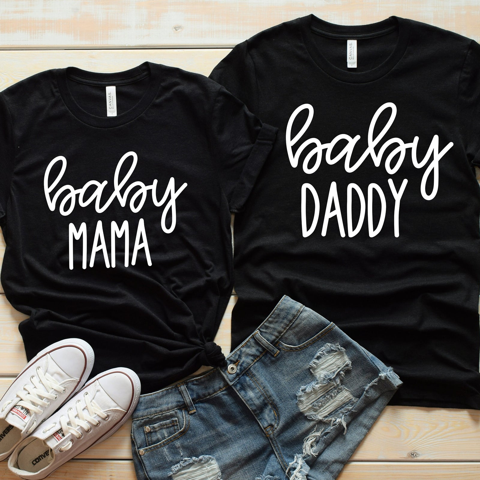 Baby Mama and Baby Daddy Couples Shirts - Matching Parents Shirts - Cute Pregnancy Announcement - Reveal