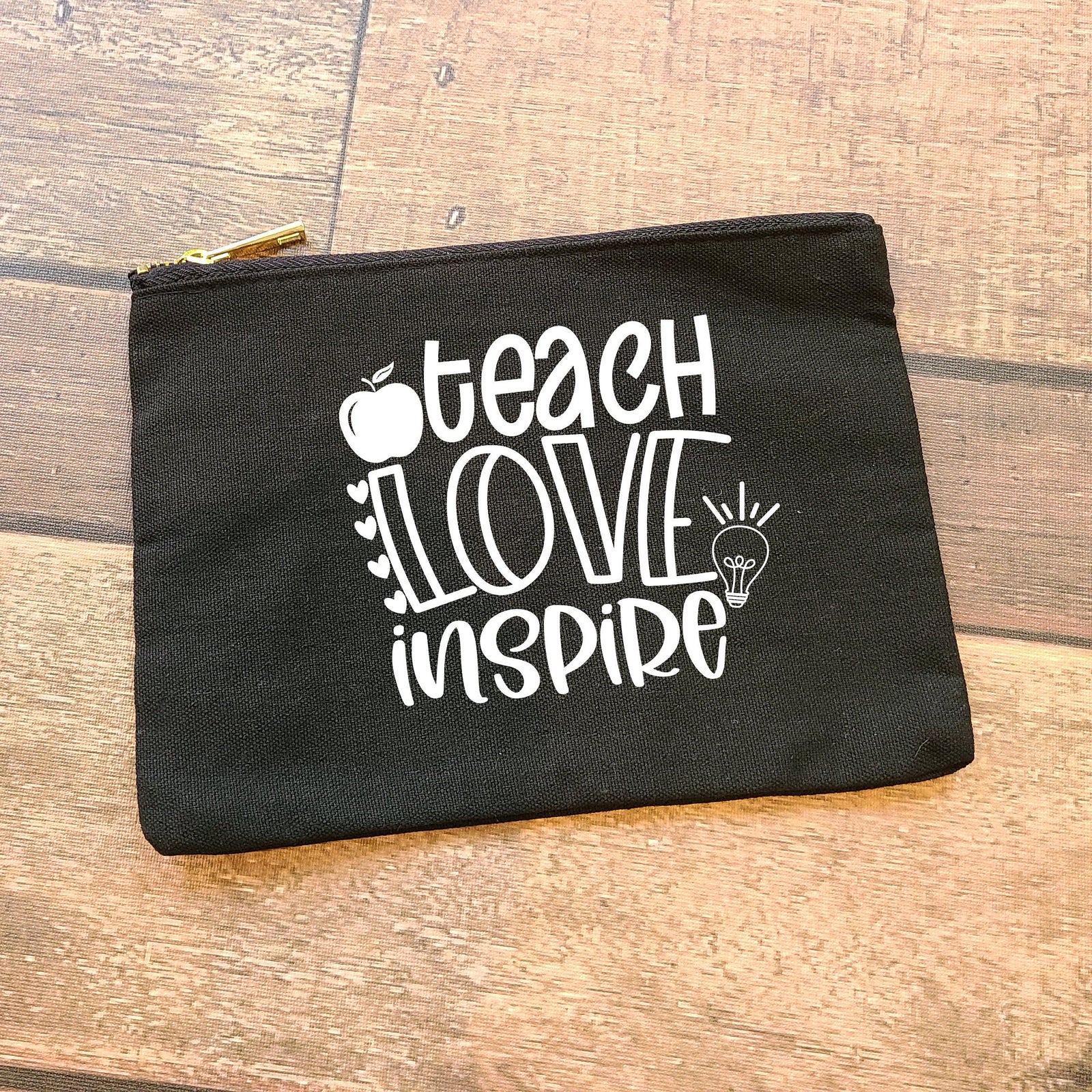 Teach Love Inspire Canvas Cosmetic Bag - Christmas Stocking Stuffer - Small Zipper Pouch - Cute Teacher Appreciation Gift