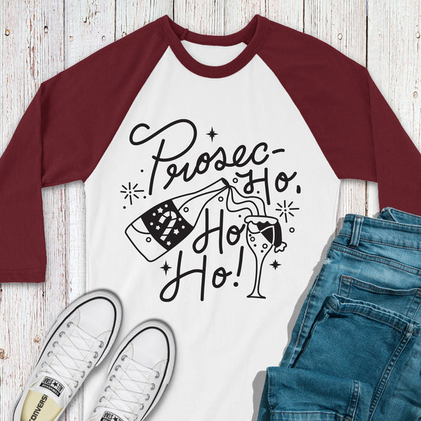 Prosec Ho Ho Ho Christmas Raglan T Shirt for Wine Lovers