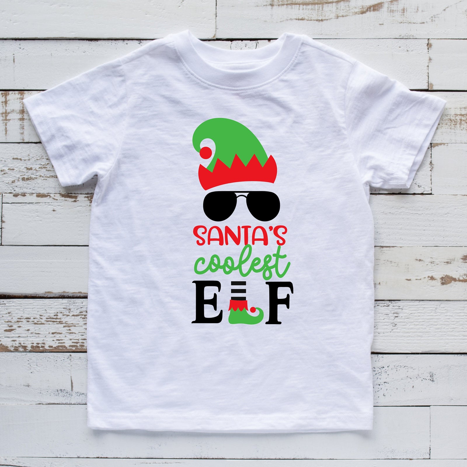 Santa's Coolest Elf Kids Christmas Shirt - Youth Funny Christmas Elf Shirt - Cool Elf with Aviator Sunglasses Holiday Shirt