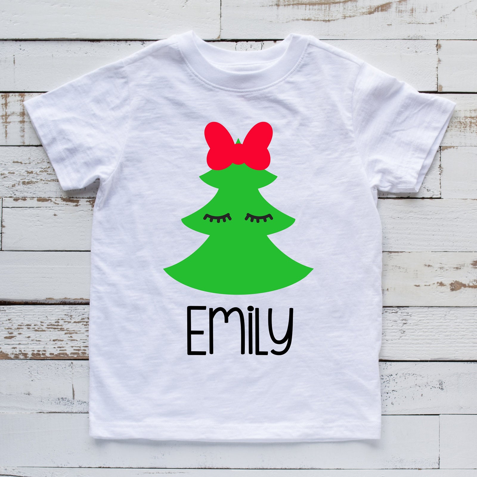 Personalized Christmas Tree T-shirt - Kids Custom Name Christmas Shirt - Christmas Tree with Eyelashes Personalized Holiday Shirt