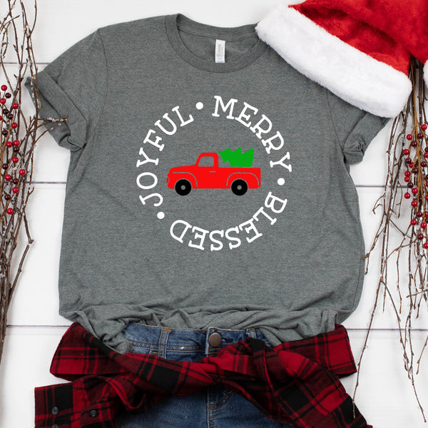 Joyful Merry & Blessed Christmas T Shirt with Red Truck Design