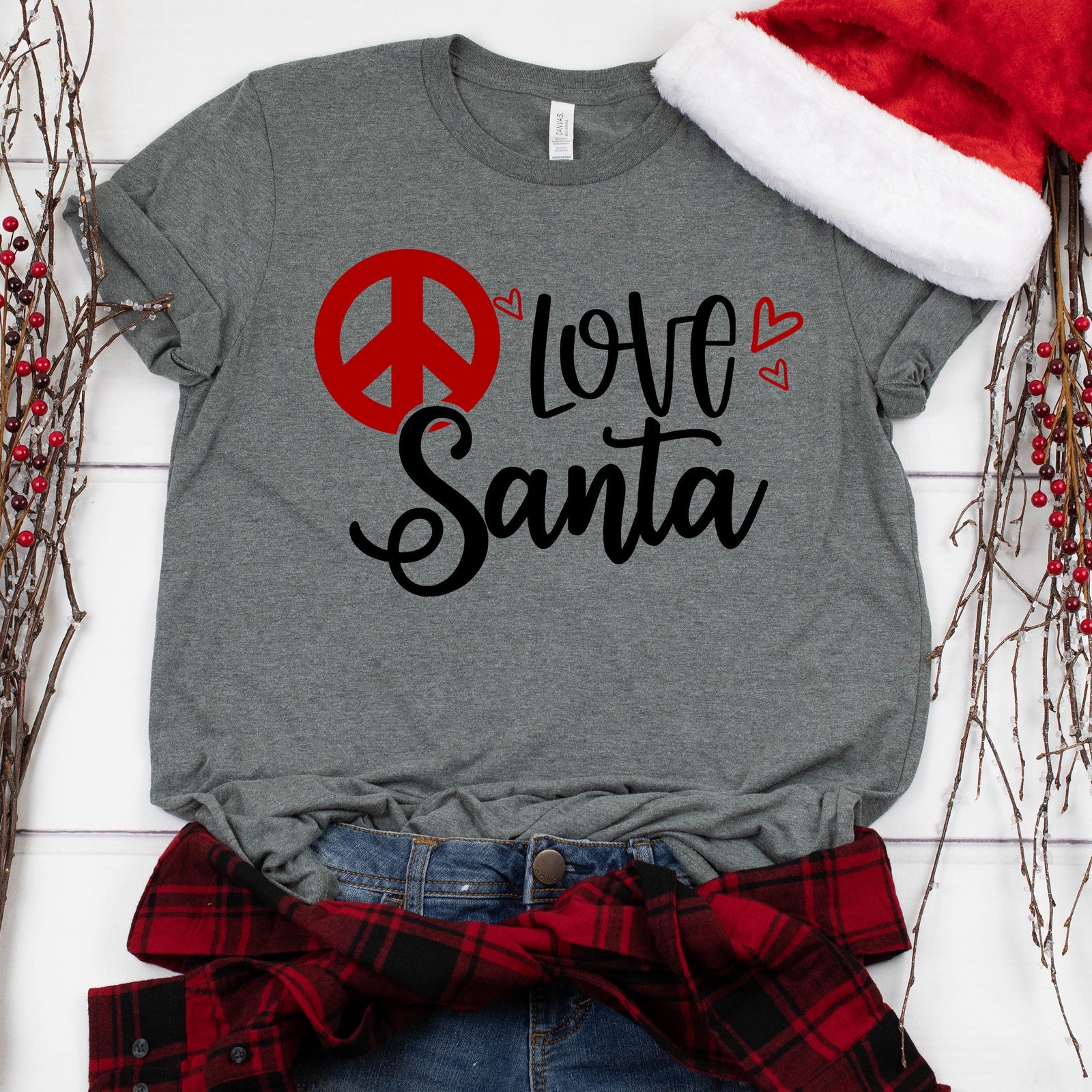 Peace Love Santa Christmas T Shirt - Christmas Peace Symbol Shirt - Santa Love Cute Christmas Matching Shirt