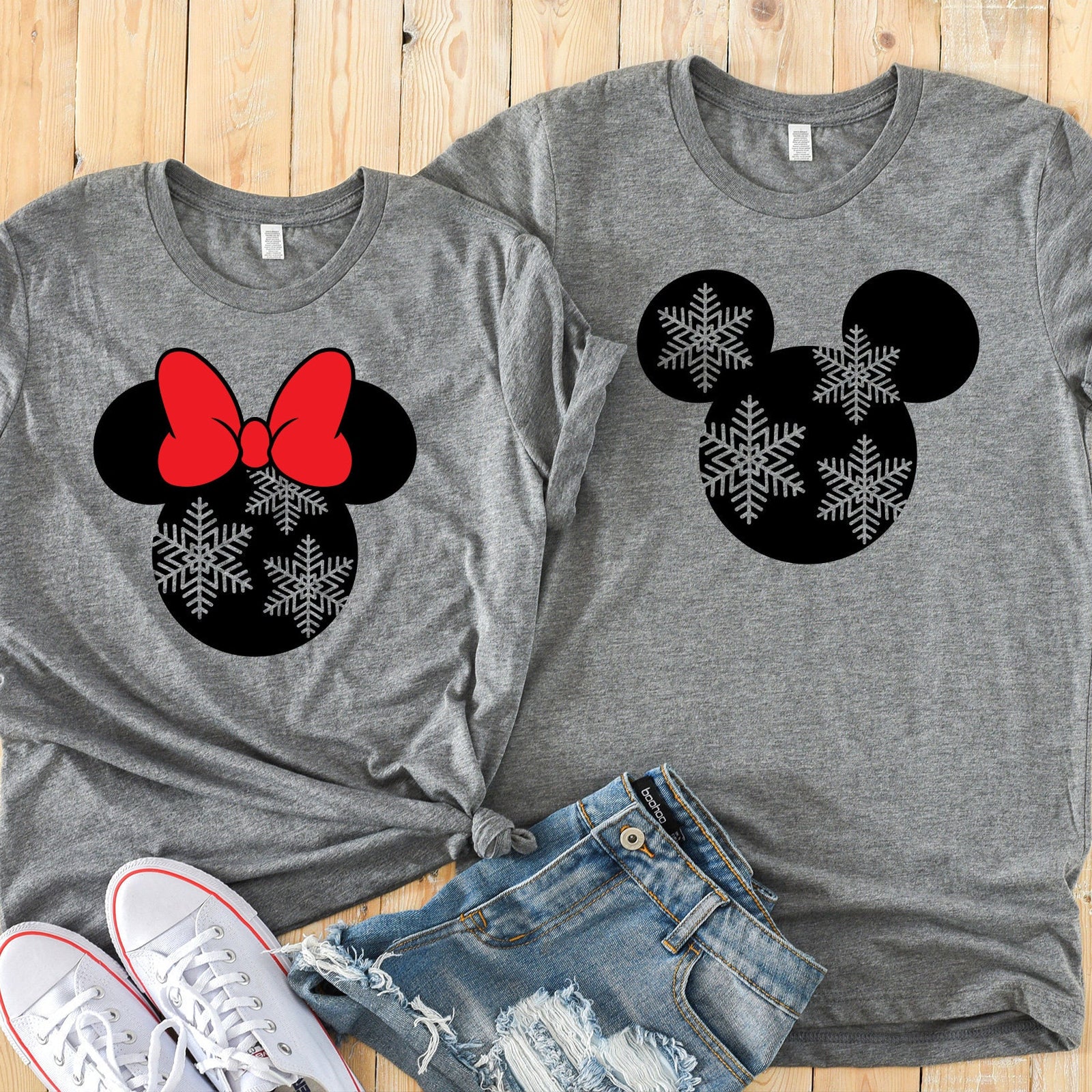 Minnie & Mickey Snowflakes Christmas T Shirts - Cute Disney Couples Shirt - Disney Matching Holiday Shirts -Christmas Disney Fan Gift Shirt