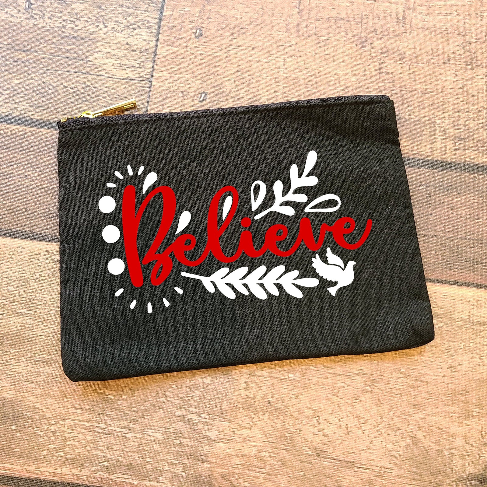 Believe Canvas Bag - Stocking Stuffer - Cosmetic Bag - Small Zipper Pouch - Cute Cheap Christmas Gift