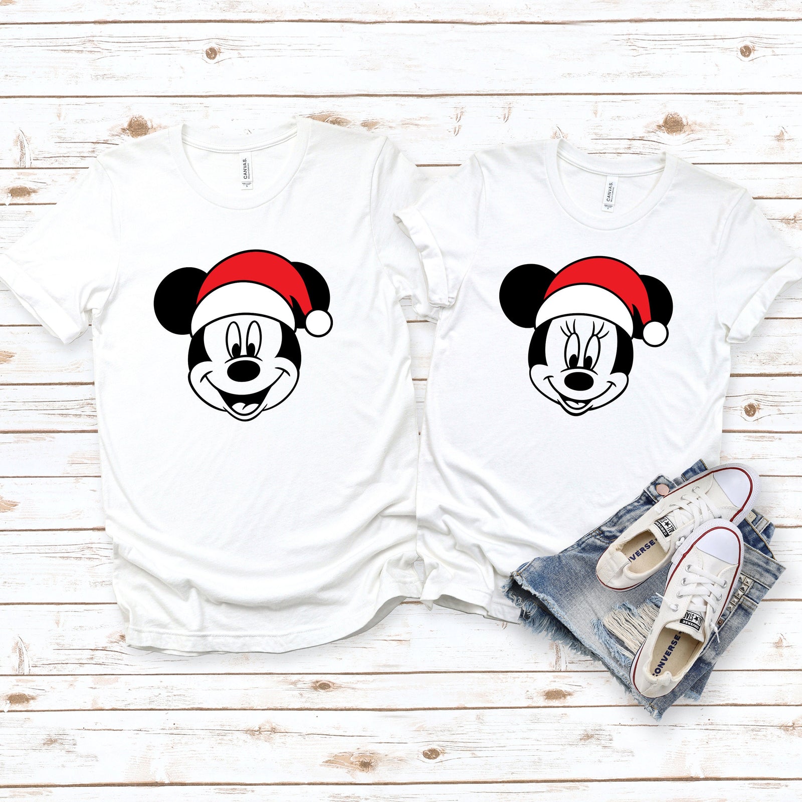 Minnie & Mickey Wearing Santa Hats Christmas T Shirts - Disney Couple Matching Shirts - Christmas Disney Shirts - Disney Fan Gift Shirt