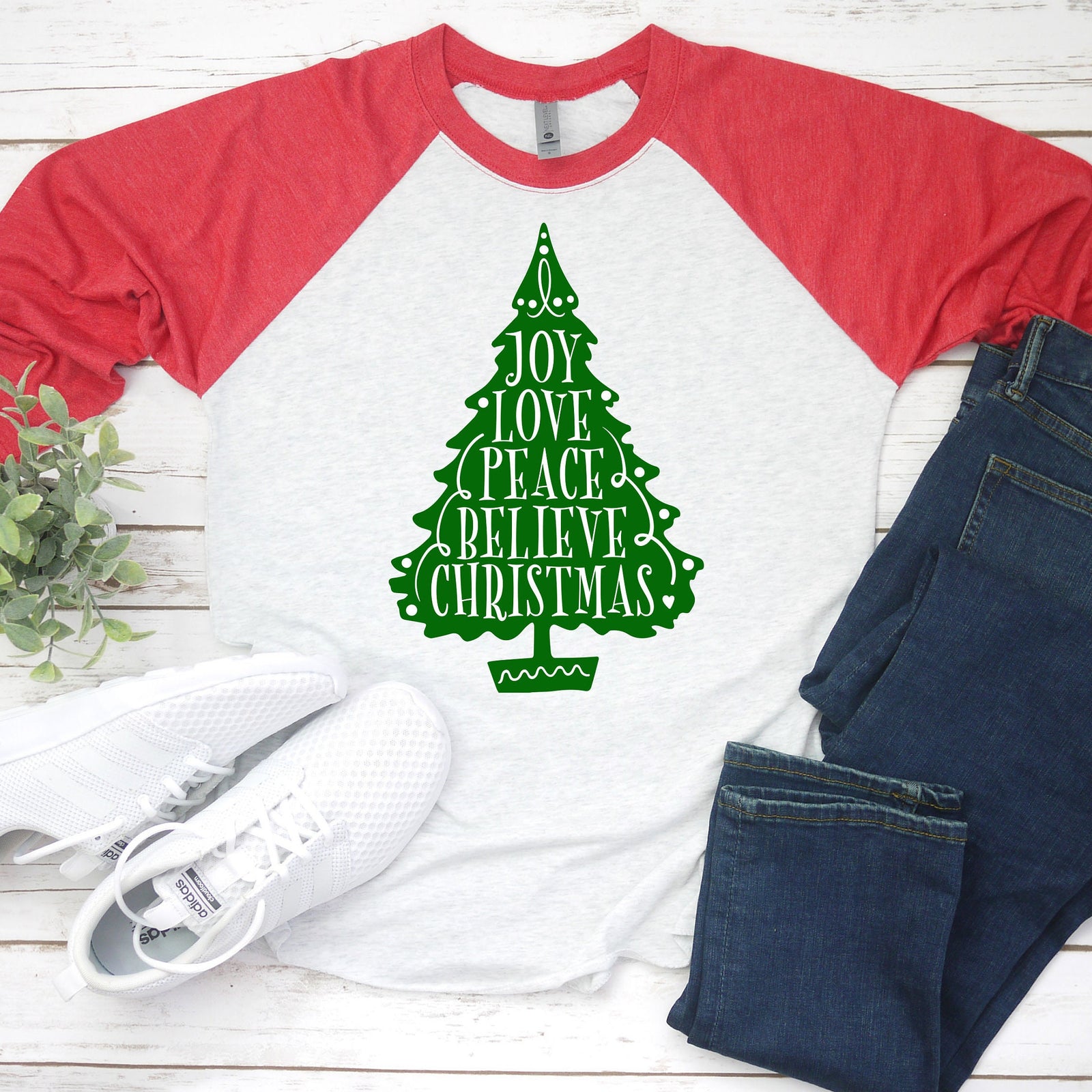 Joy Love Peace Believe Christmas Raglan T-Shirt | Cute Christmas Tree 3/4 Sleeve Holiday Shirt
