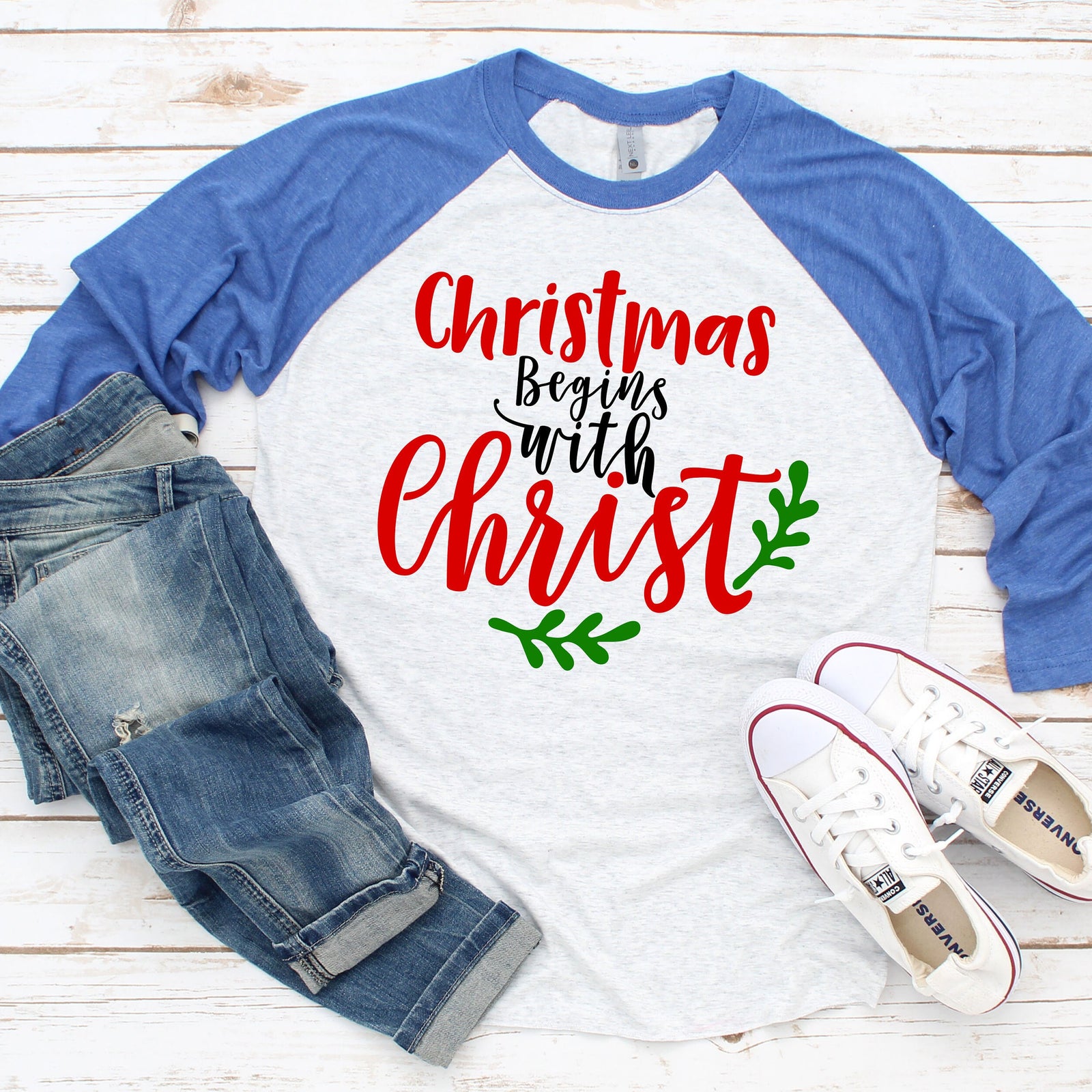 Christmas Begins with Christ | Holiday Raglan T Shirt- Christmas Christian Shirt