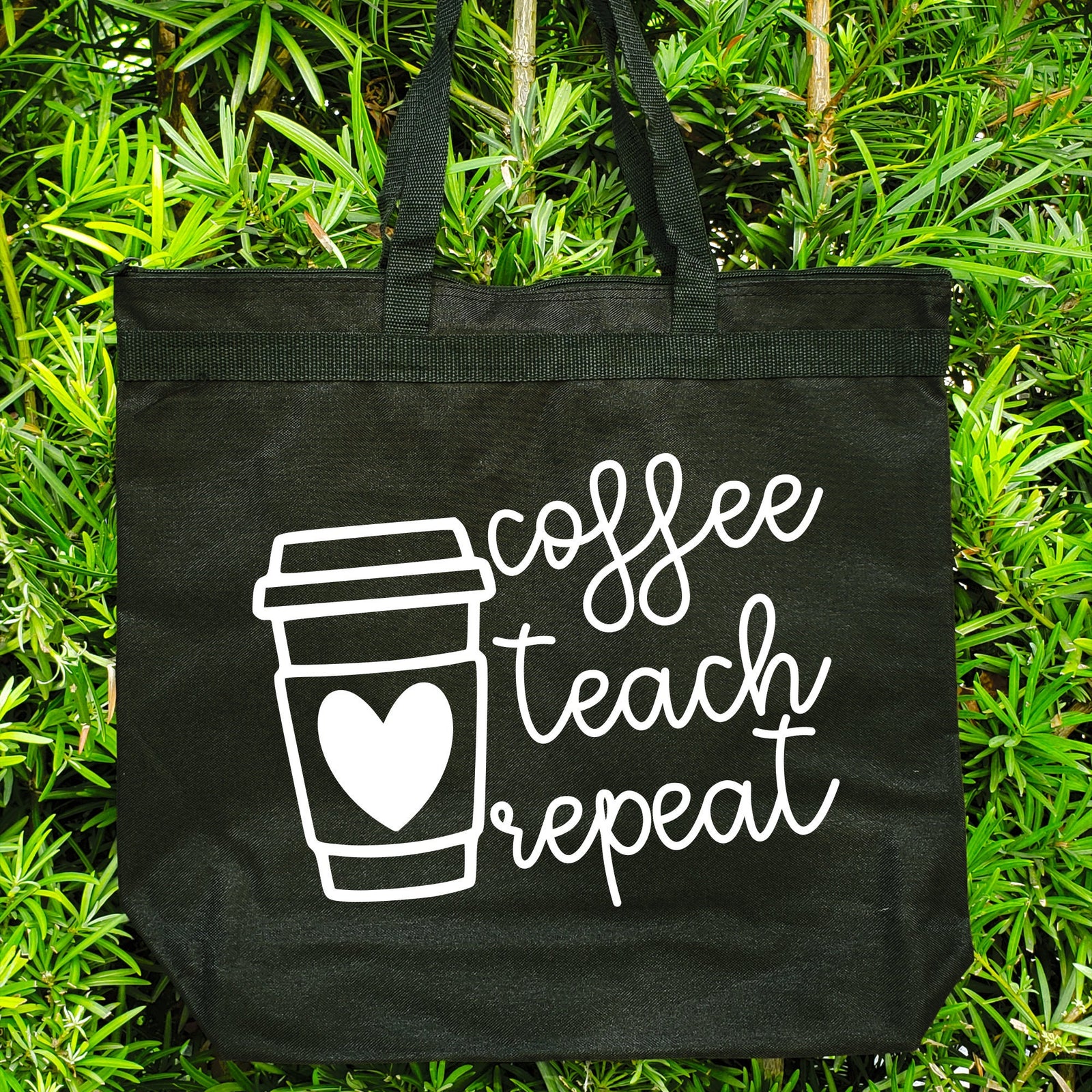 Coffee Teach Repeat Teacher Tote Bag - Large Canvas Zipper Teacher Bag - Teacher Appreciation Gift Bag