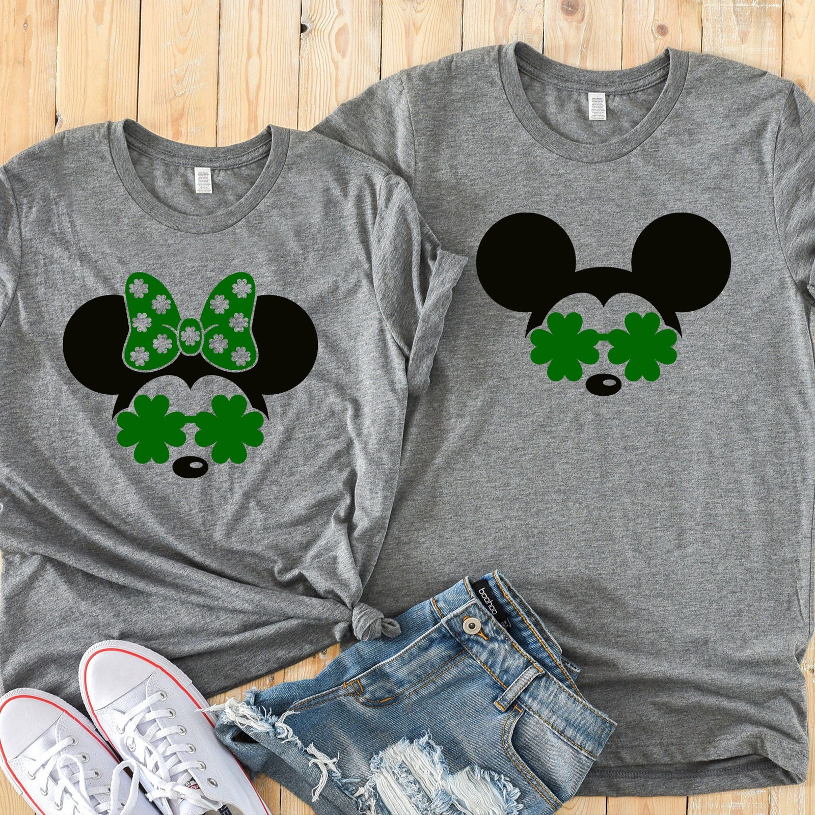 St. Patrick's Day Minnie and Mickey  Matching Disney Couples Shirts -Shamrock - Clover - Green Bow