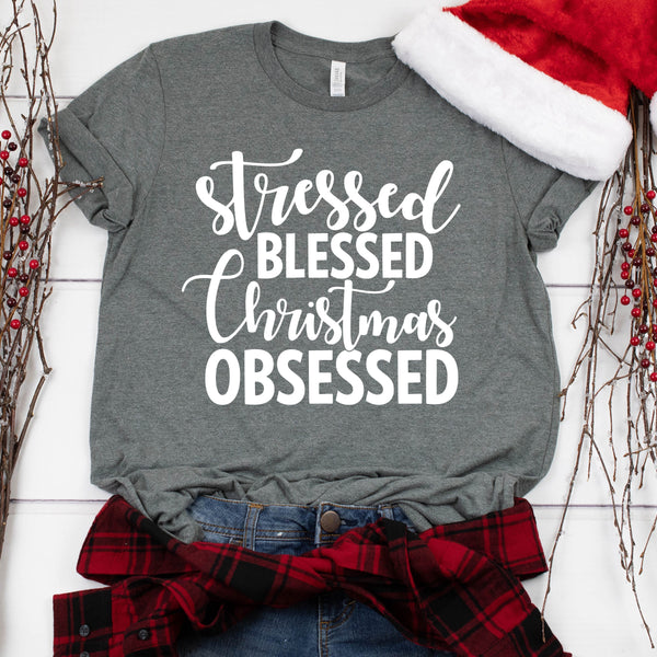 Stressed Blessed Christmas Obsessed T Shirt for Holiday Cheer