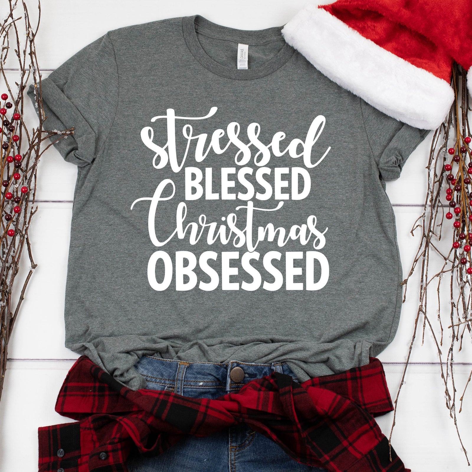 Stressed Blessed Christmas Obsessed T Shirt - Funny Christmas Shirt - Love Christmas Holiday Shirt