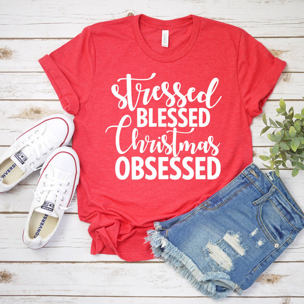 Stressed Blessed Christmas Obsessed T Shirt for Holiday Cheer