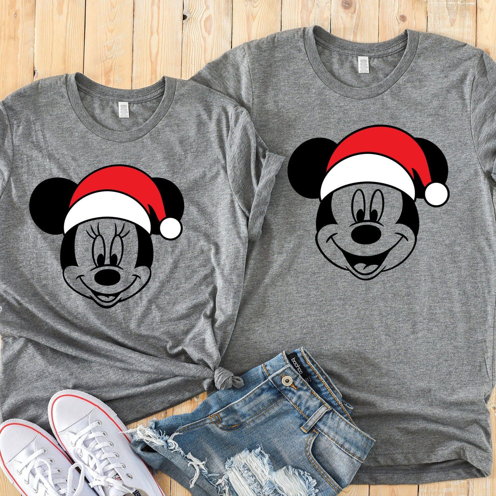 Minnie and Mickey wearing Santa Hats T Shirts - Christmas Disney Couples Shirt - Disney Matching Shirts - Holiday Disney Fan Shirts