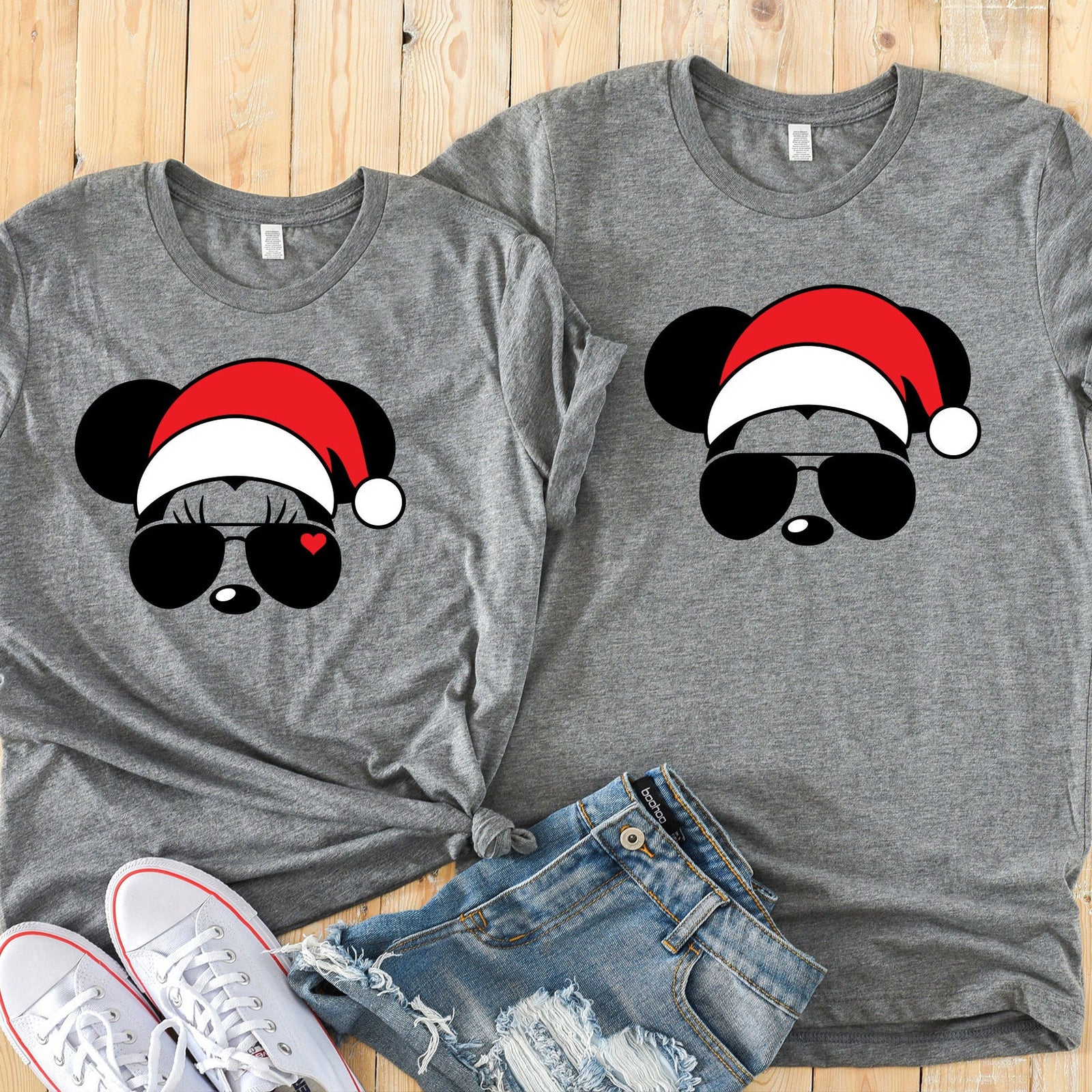 Minnie & Mickey Wearing Santa Hats and Sunglasses Christmas T Shirts - Disney Couples Shirt - Disney Matching Shirts - Holiday Disney Shirts