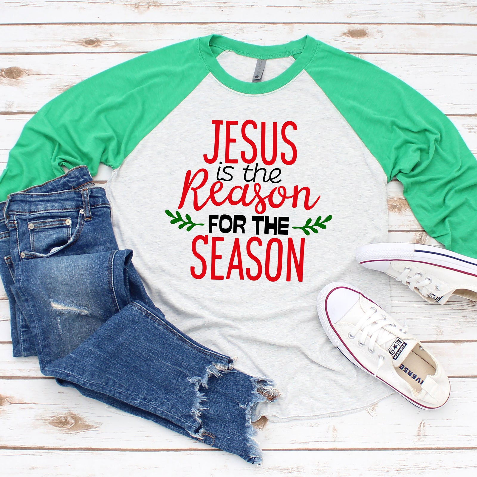 Jesus is the Reason for the Season- Raglan T Shirt- Christmas 3/4 sleeve - Religious T Shirt Gift