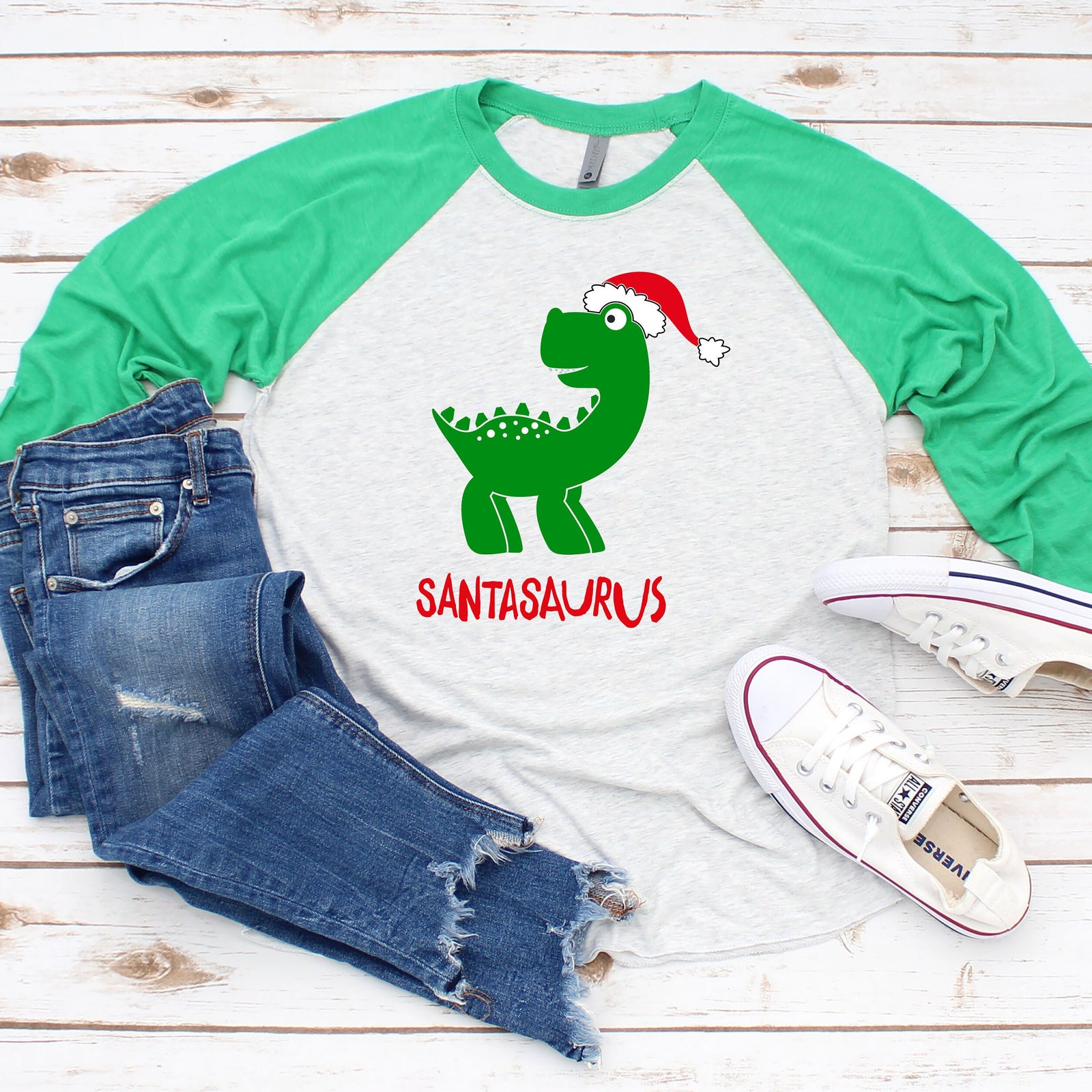 SantaSaurus Christmas T-Shirt - X-Mas Raglan T Shirt- Funny Holiday 3/4 sleeve - Dinosaur Shirt