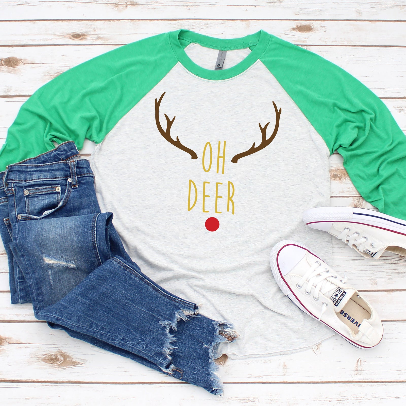 Oh Deer Christmas T-Shirt | X-Mas Raglan T Shirt | Funny Christmas Reindeer 3/4 sleeve Holiday Shirt