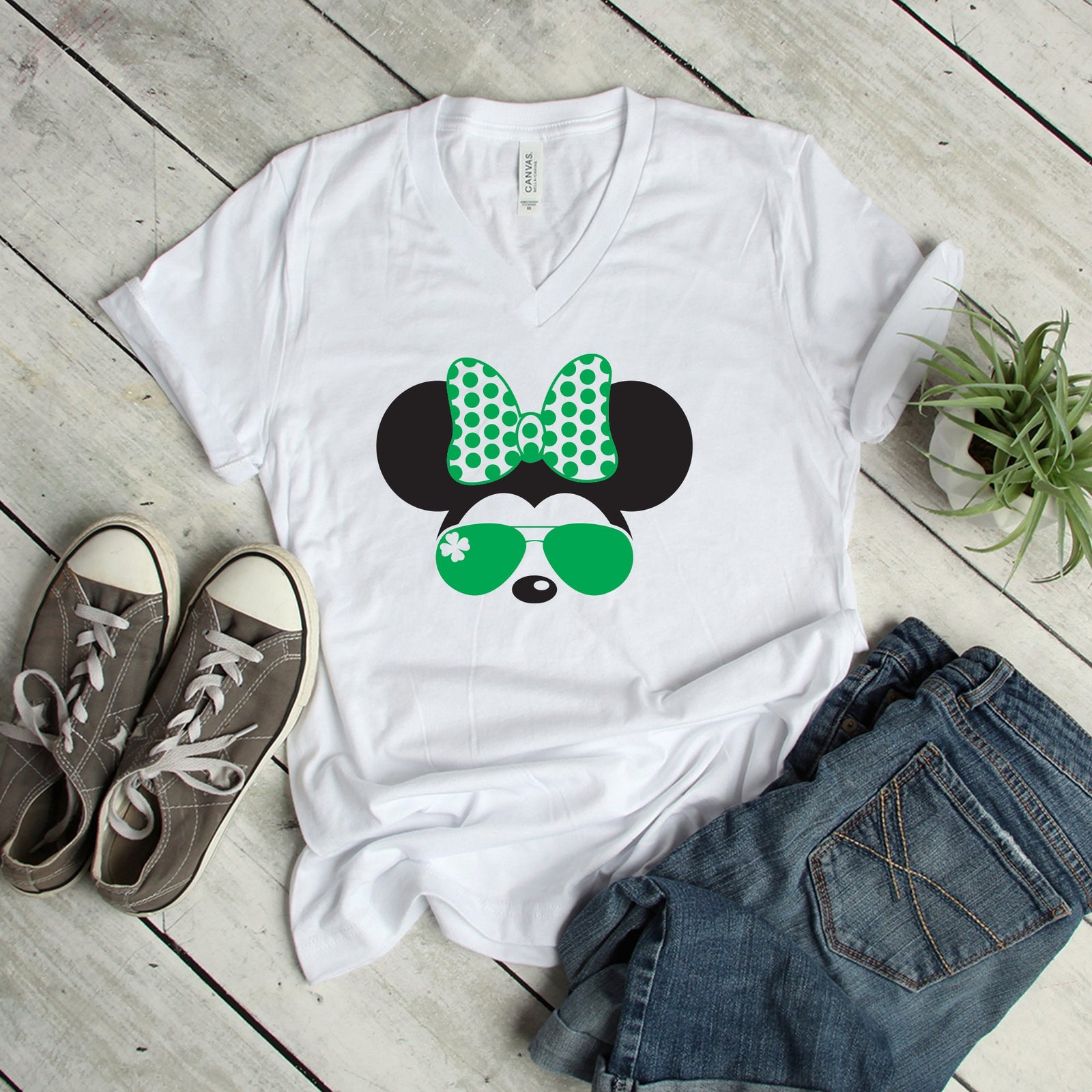 St. Patrick's Day Minnie Mouse T Shirt- Shamrock Clover Sunglasses and Bow Minnie Shirt - Lucky Disney Minnie Shirt