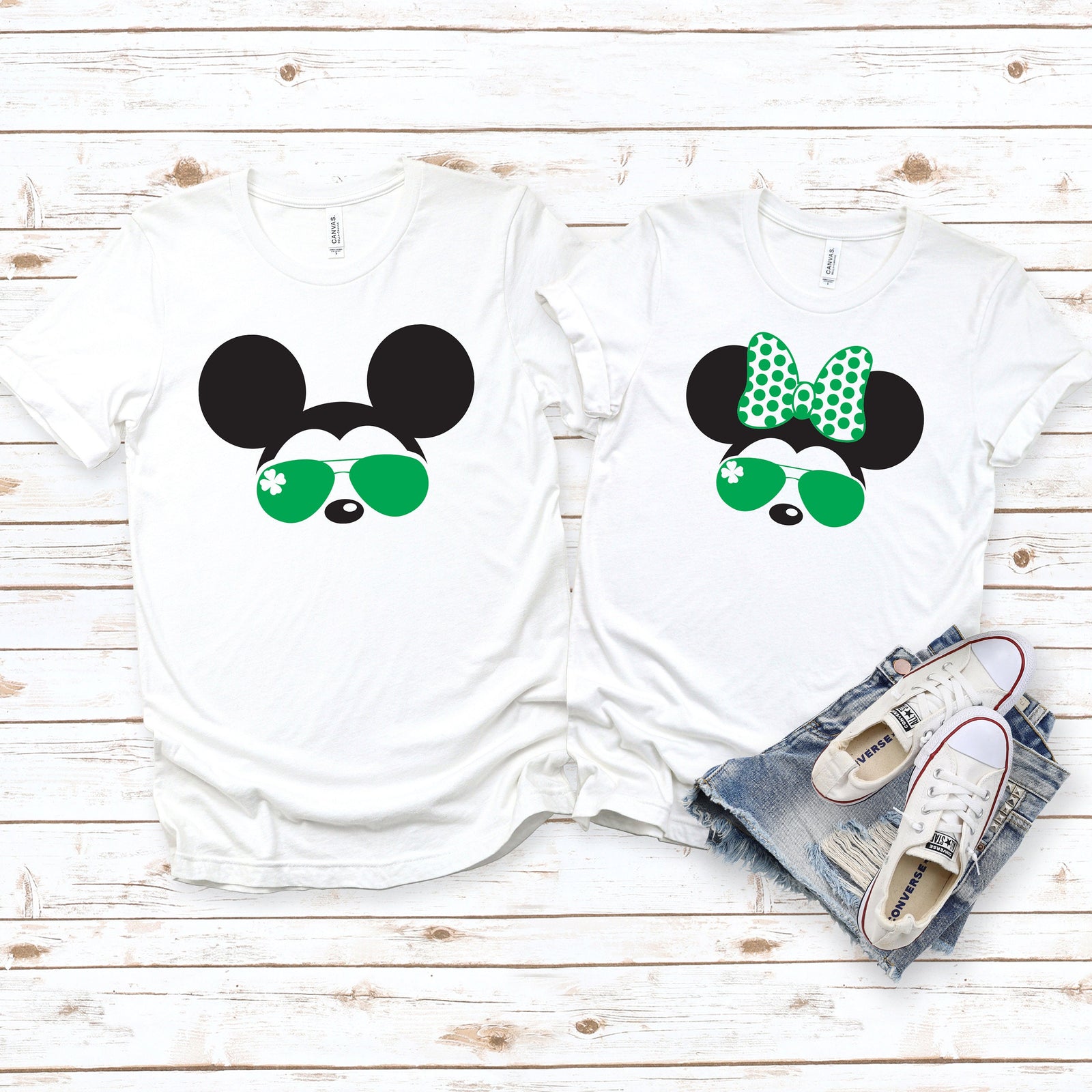 St. Patrick's Day Minnie and Mickey  Matching Disney Couples Shirts -Shamrock - Clover - Green Bow and Sunglasses