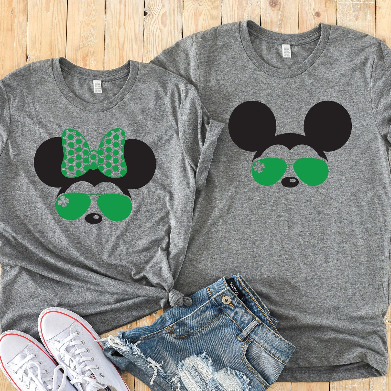 St. Patrick's Day Minnie and Mickey  Matching Disney Couples Shirts -Shamrock - Clover - Green Bow