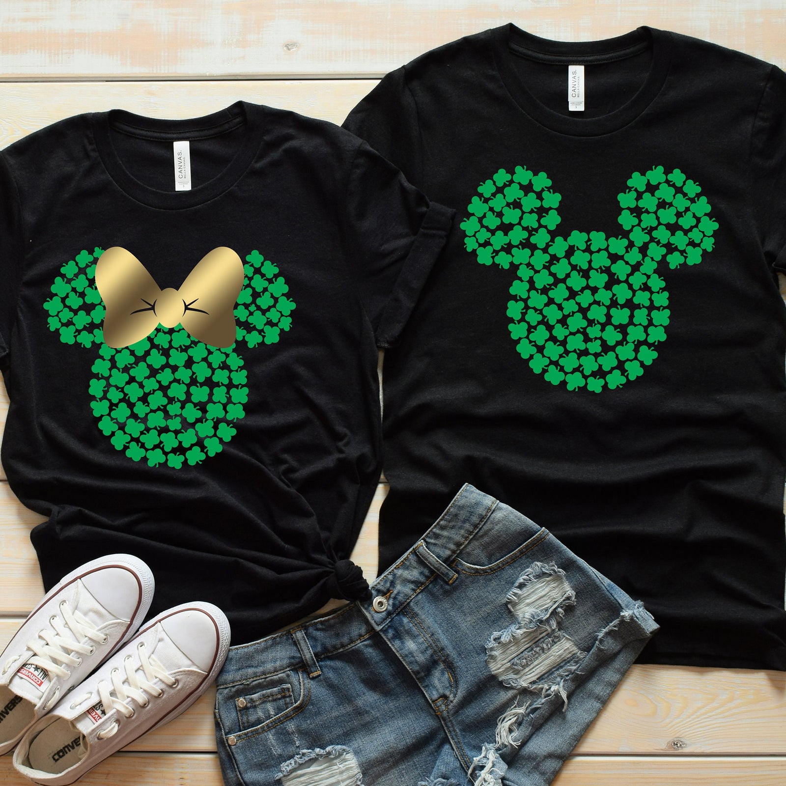 St. Patrick's Day Minnie and Mickey Mouse - Matching Disney Couples Shirts -Shamrock - Clover - Green Bow
