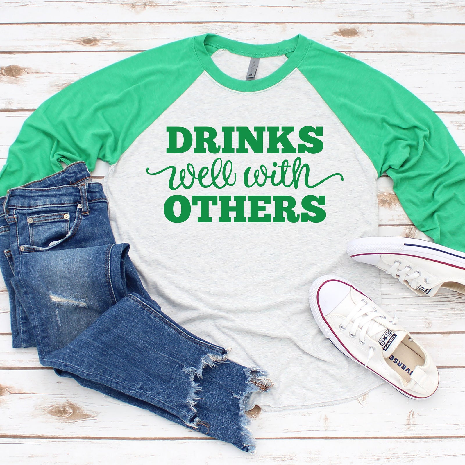 Drinks Well With Others  Baseball Shirt - Shamrock 3/4 Sleeve Baseball Shirt- St. Patrick's Day Tee - St. Patty's Day Raglan Shirt -