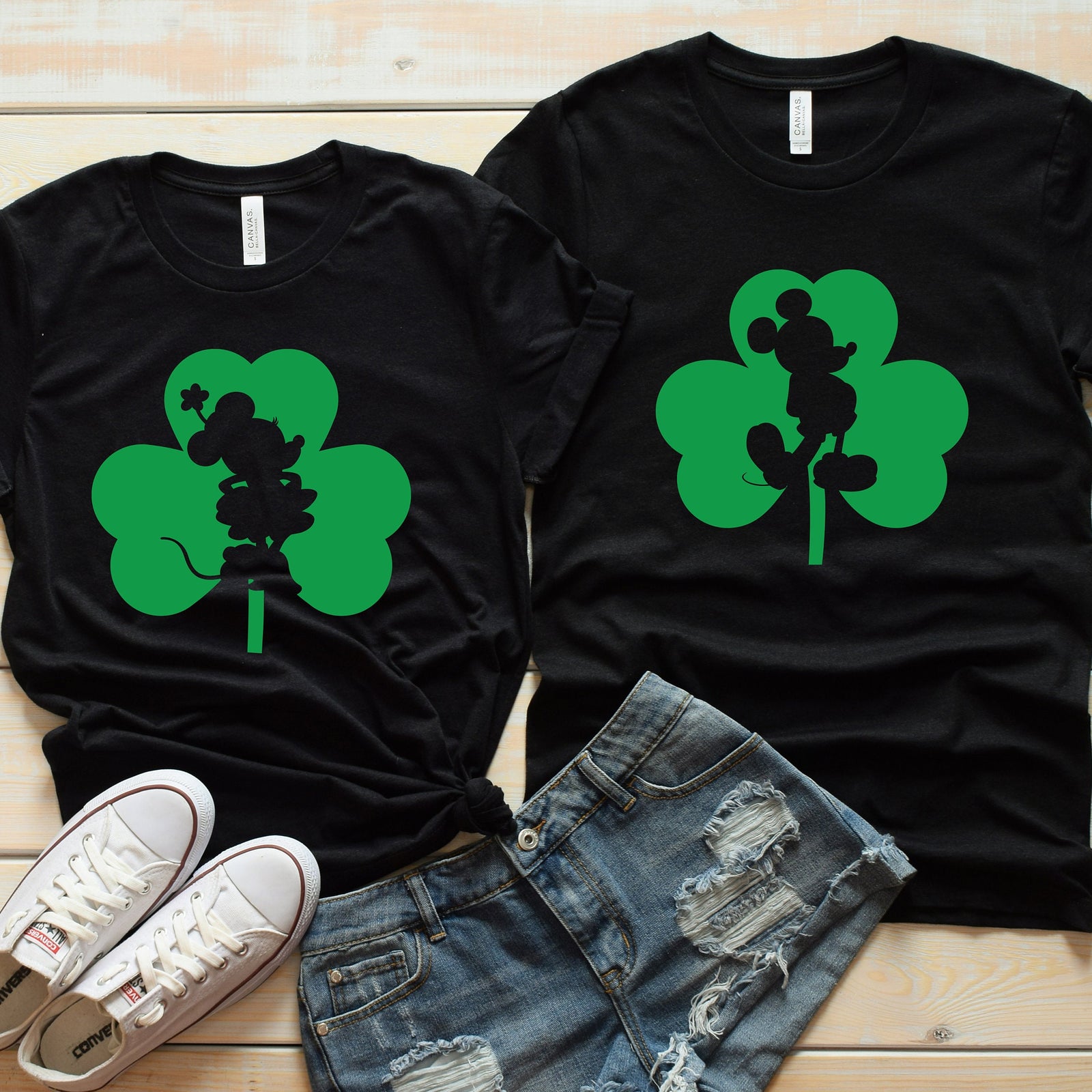 St. Patrick's Day Minnie and Mickey Mouse - Matching Disney Couples Shirts -Silhouette inside of Shamrock
