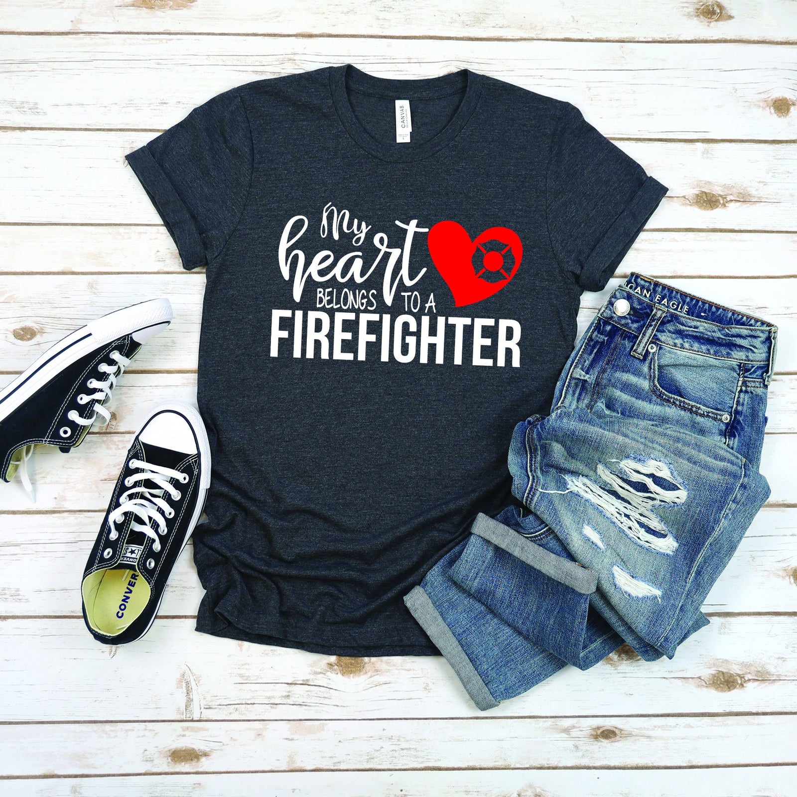 My Heart Belongs to a Firefighter - Firefighter Wife Shirt - Fire Fighter Girlfriend Shirt - Fire Fighter Love T Shirt