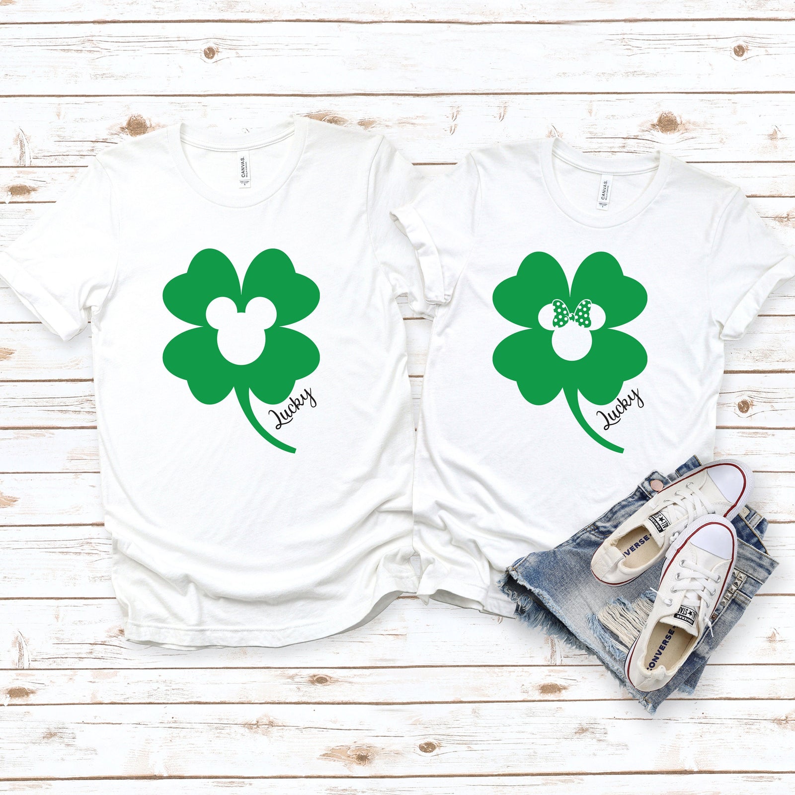 St. Patrick's Day Minnie and Mickey Lucky Clover Matching Disney Couples Shirts -Shamrock - Custom Shirts