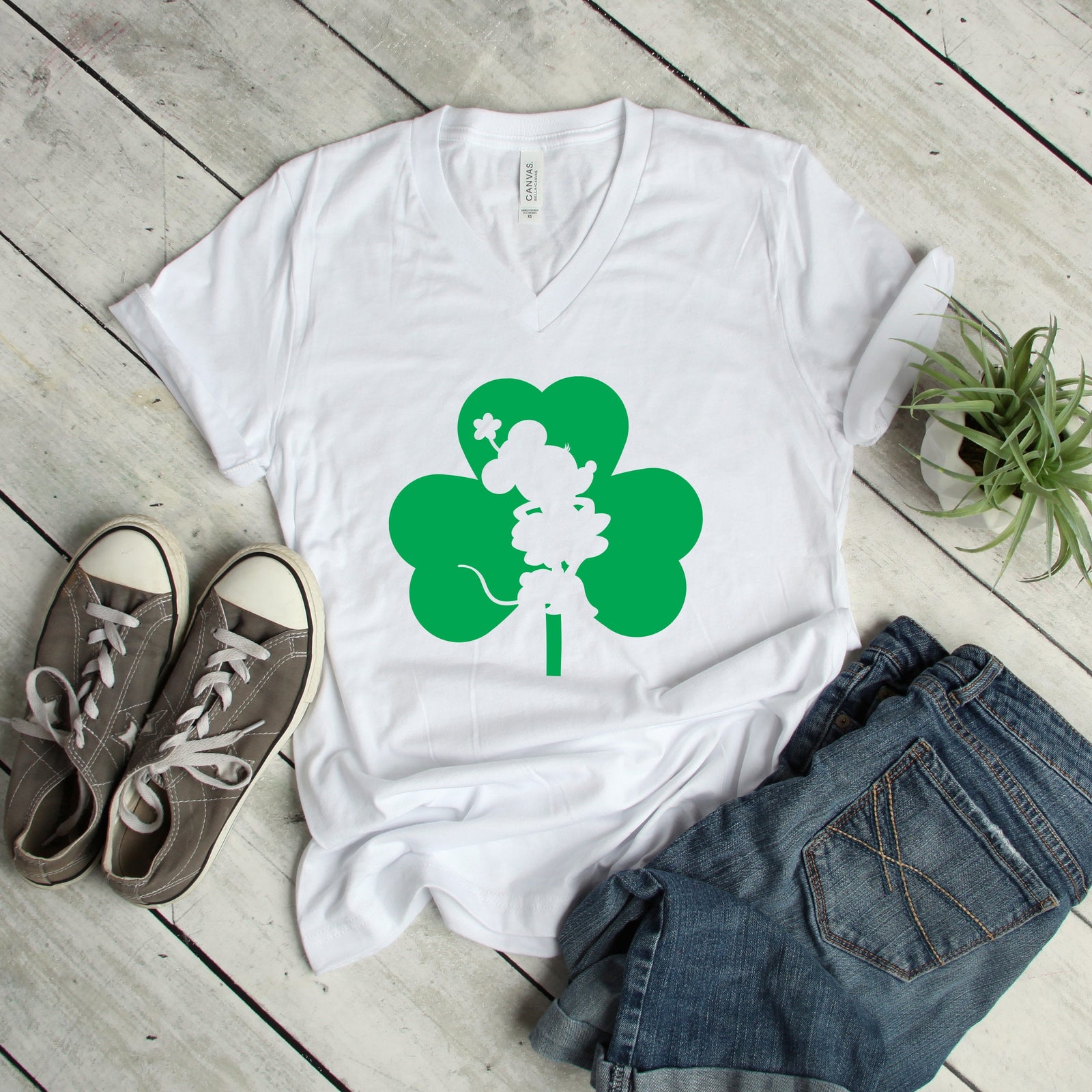 St. Patrick's Day Minnie Mouse T Shirt- Outline Silhouette inside Shamrock - Lucky Disney Minnie Shirt