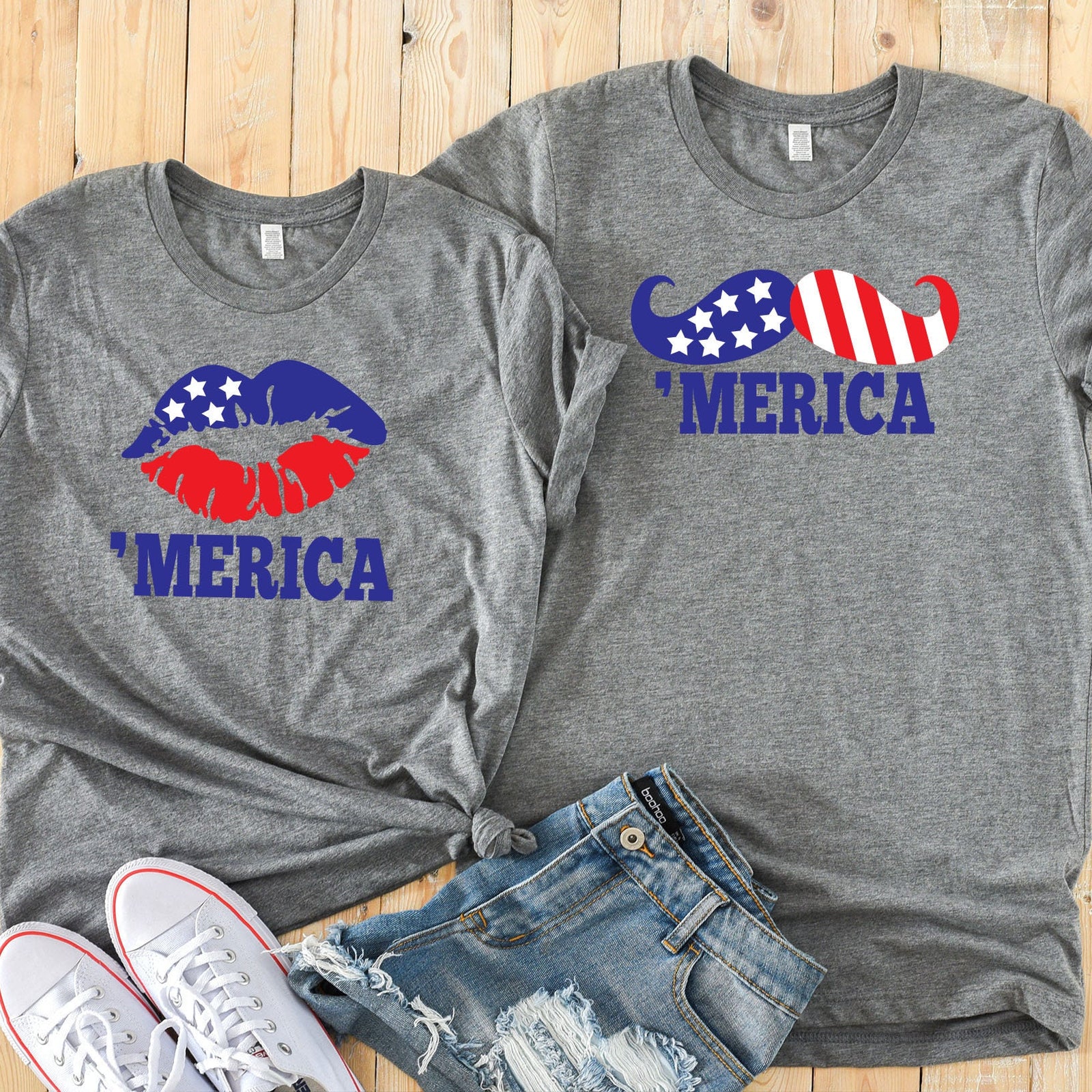 Fourth Of July Couples T Shirts- Merica Lips or Mustache - Celebrate America - Independence Day - Matching Set