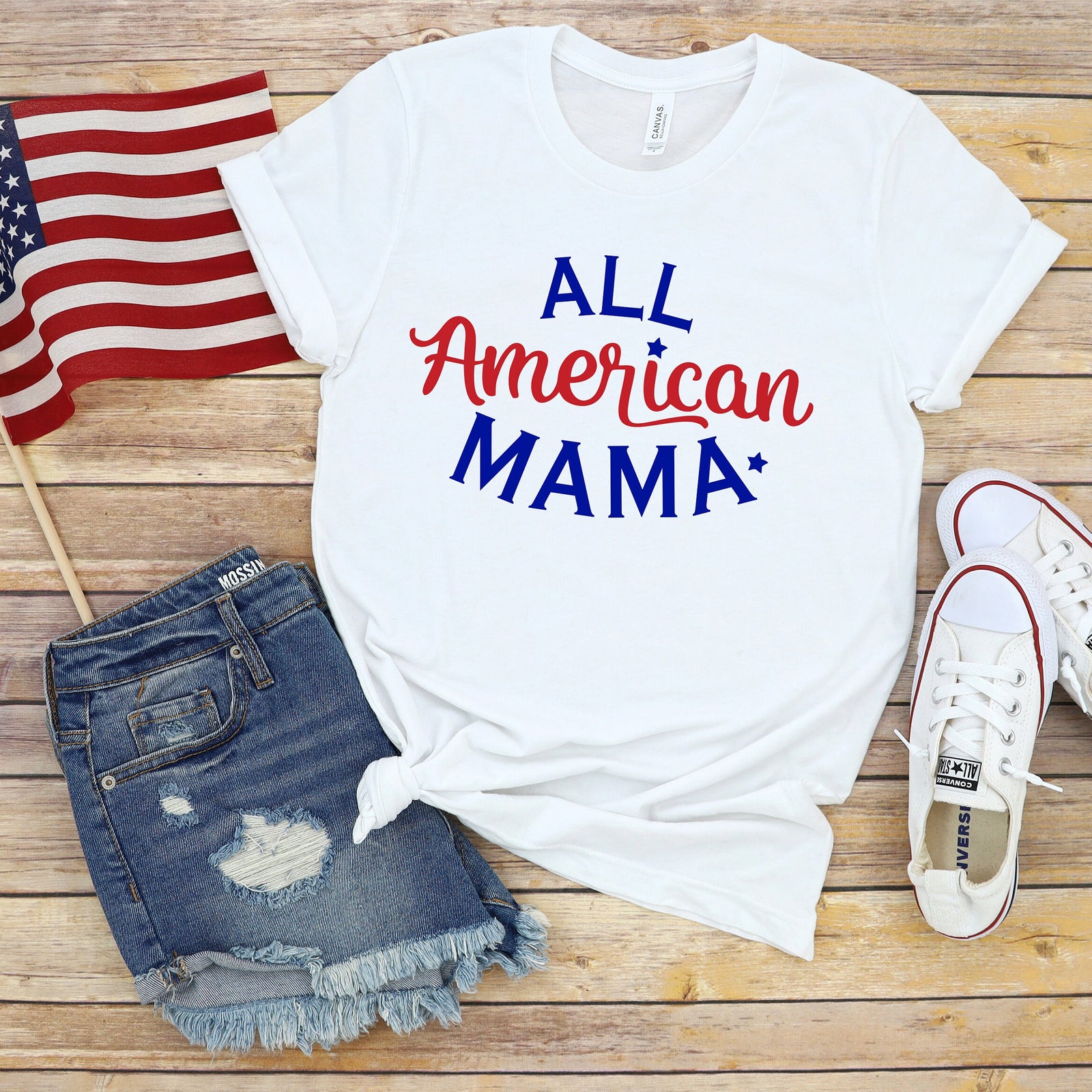 All American Mama- Fourth of July Adult T Shirt - Independence Day - Memorial - Red White and Blue