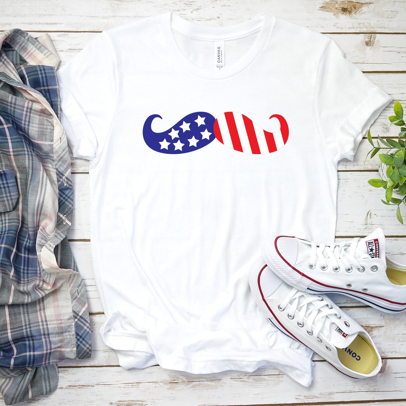 All American Mustache- Fourth of July Adult T Shirt - Independence Day - Memorial - Red White and Blue