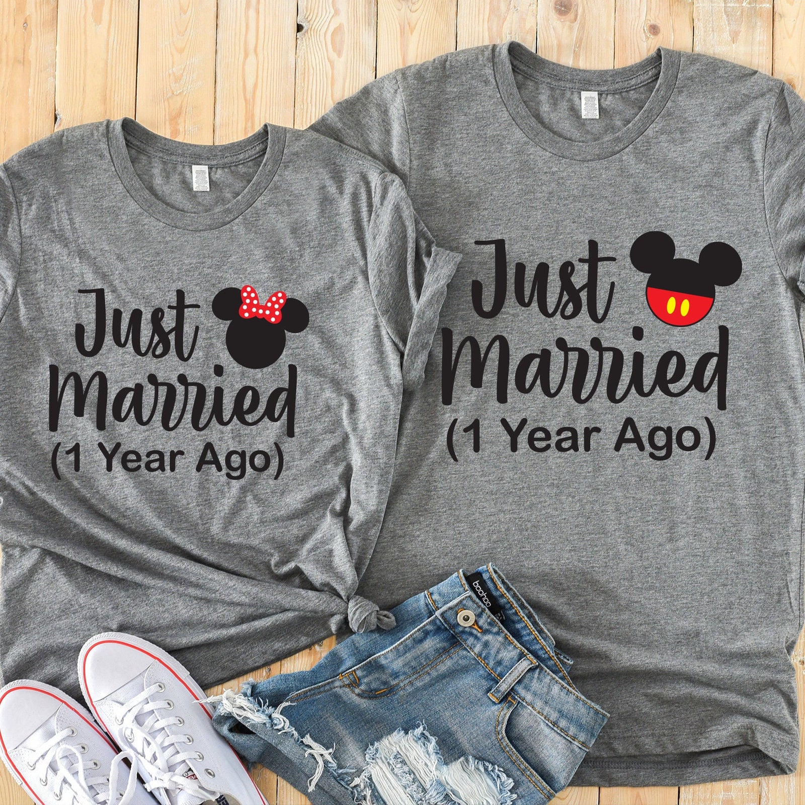 Just Married  - (A Year Ago) Disney Couples Matching Unisex T Shirts - Mickey and Minnie -Custom Anniversary