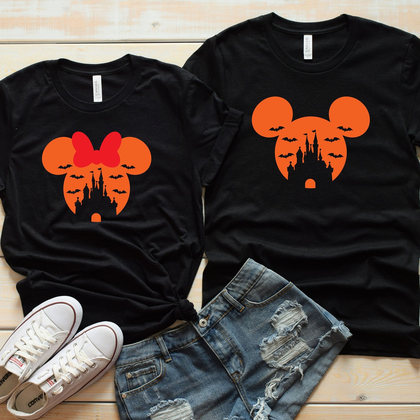 Halloween Minnie and Mickey Shirts - Disney Couples - Matching Shirts - Safari Shirts - Castle with Flying Bats