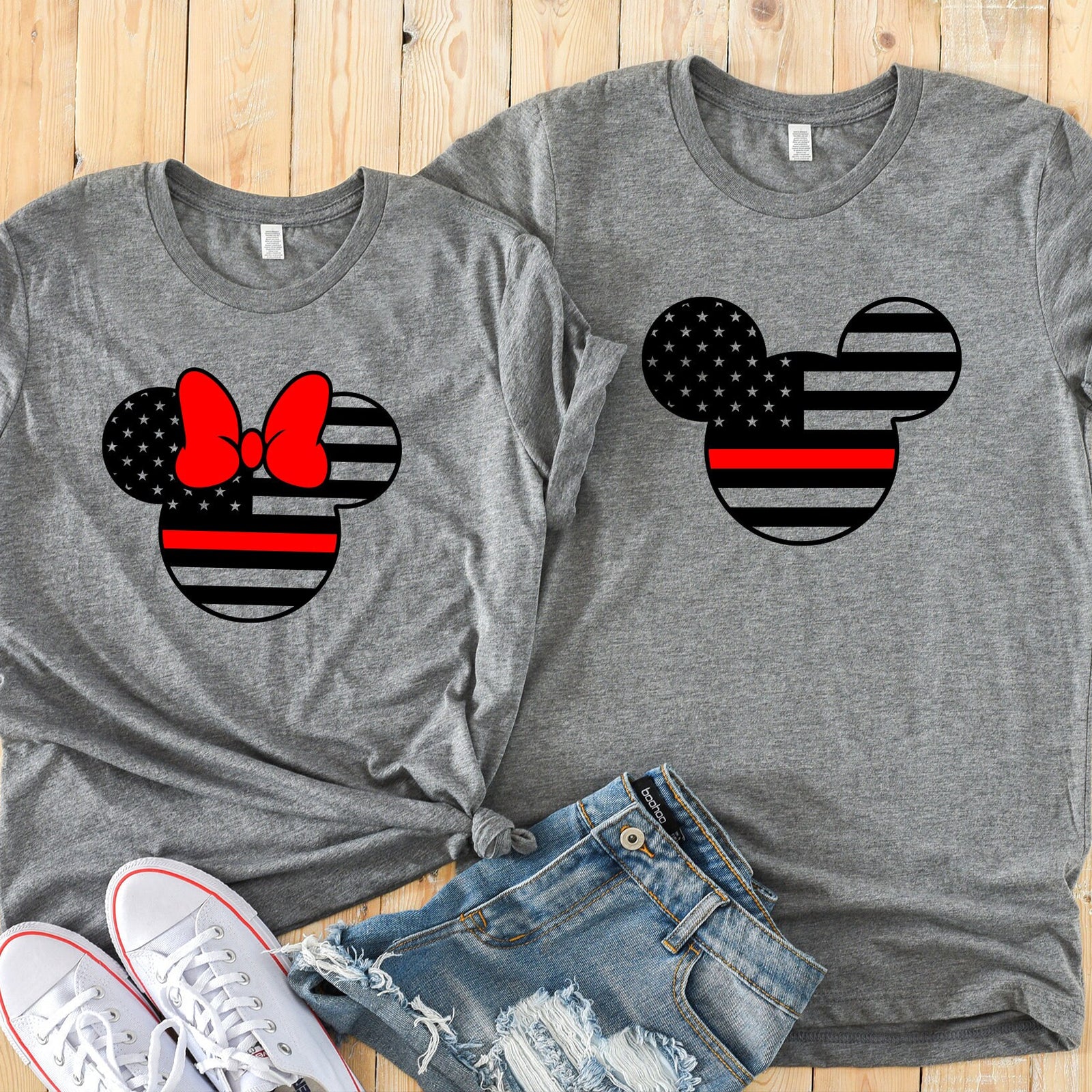 Minnie and Mickey Fire fighter Shirts - Disney Couples Matching Shirt - Red Line Flag -  Red Stripe
