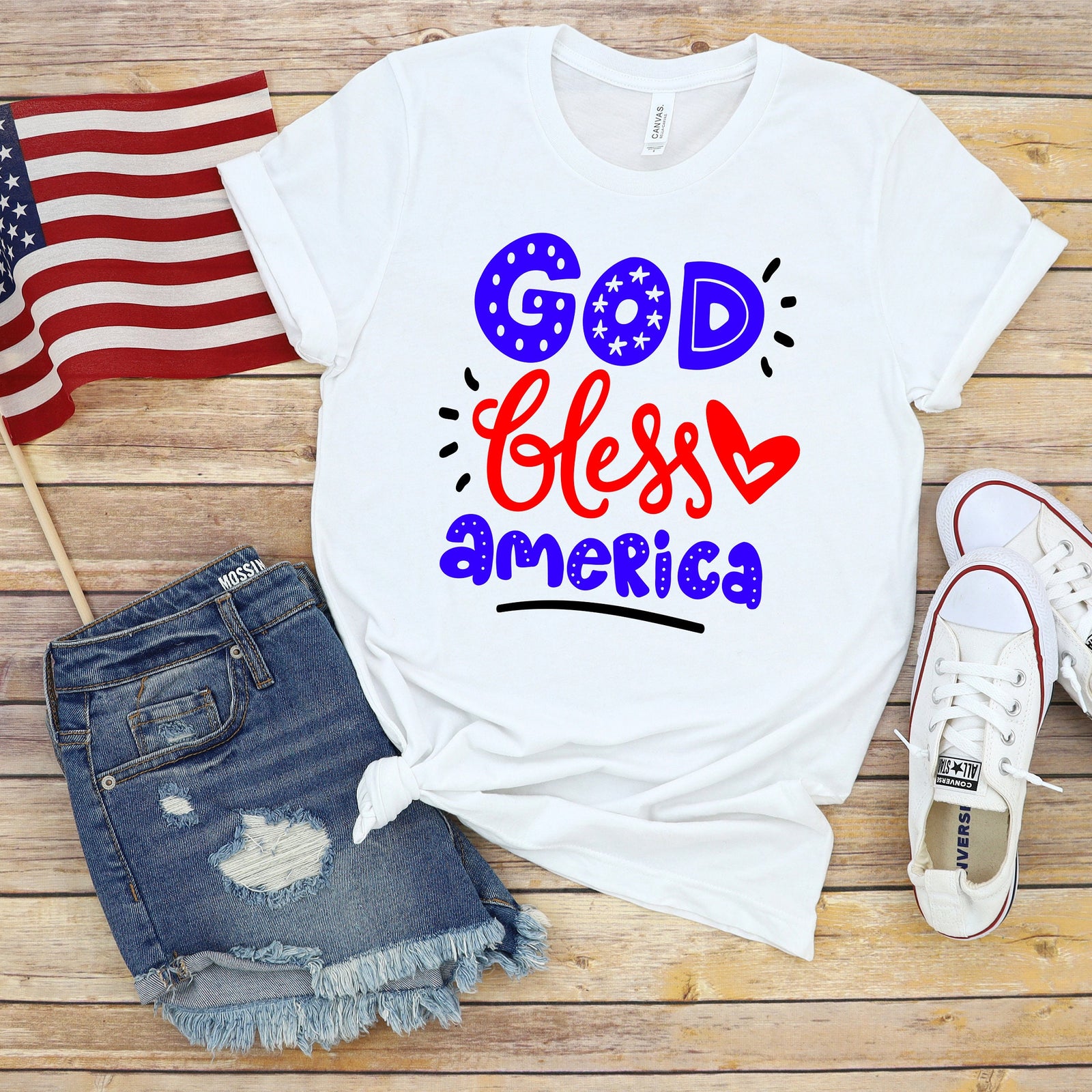 God Bless America - Fourth of July Adult T Shirt - Independence Day - Memorial - Red White and Blue