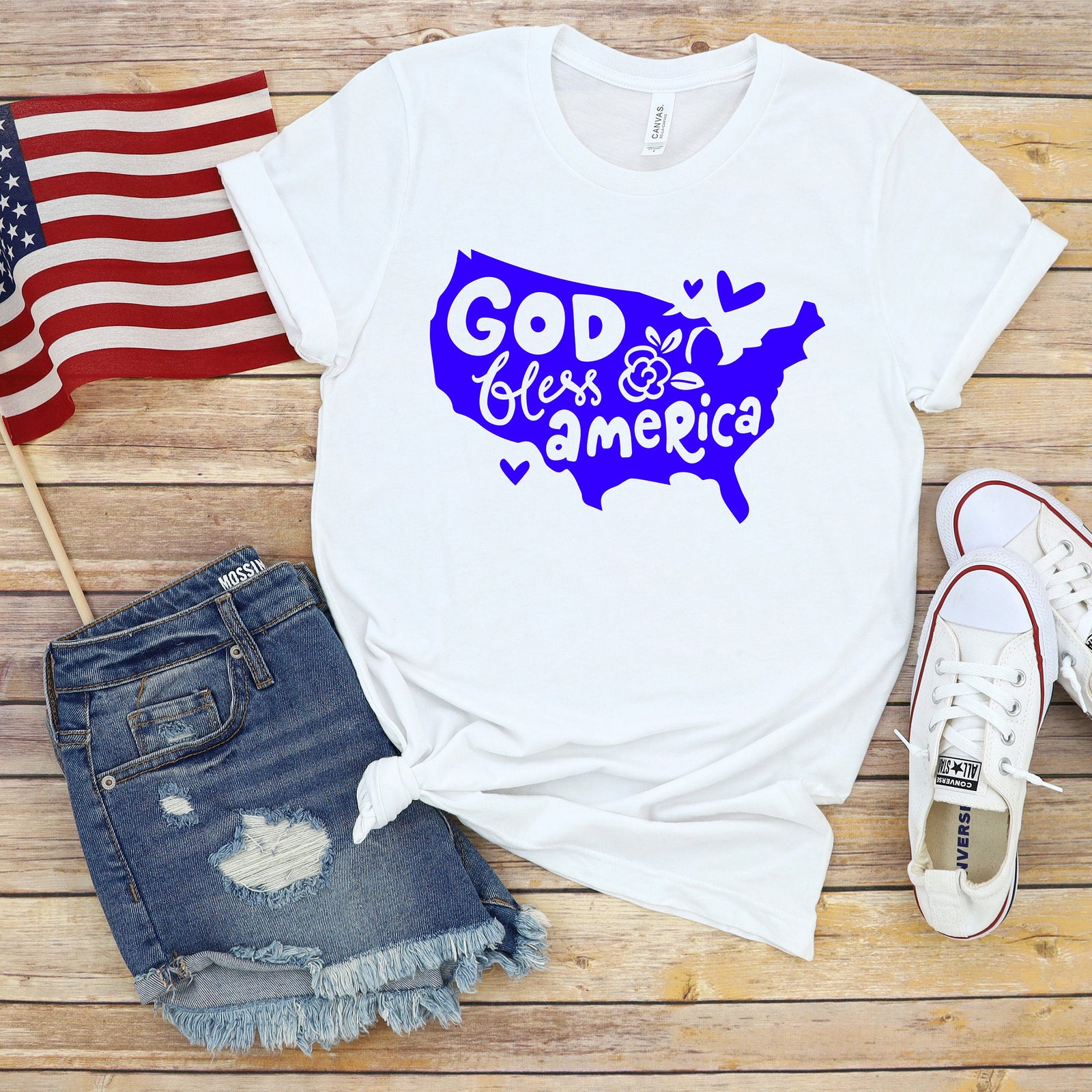 God Bless America Map - Fourth of July Adult T Shirt - Independence Day - Memorial - Red White and Blue USA