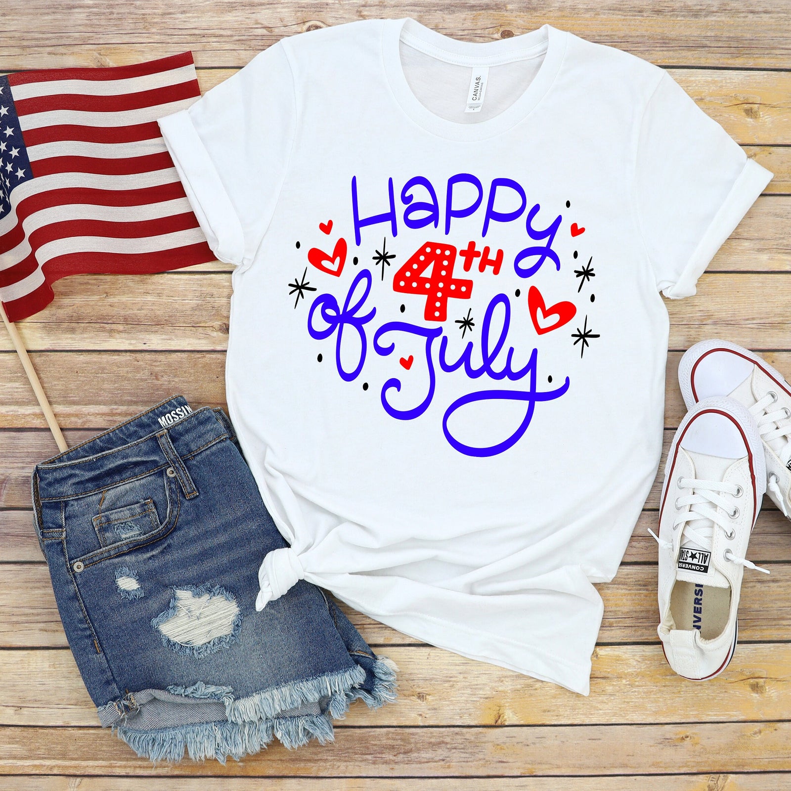 Happy Fourth of July Adult T Shirt - Independence Day - Memorial - Red White and Blue USA